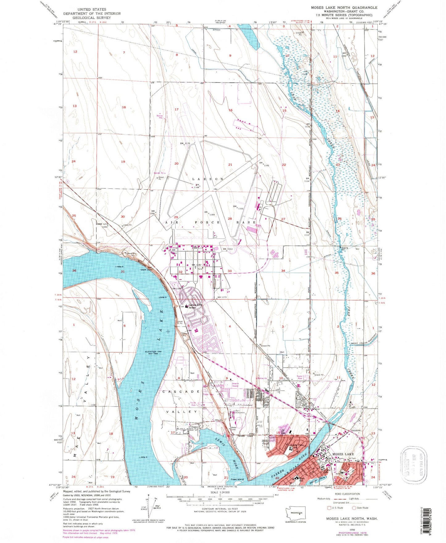 Classic USGS Moses Lake North Washington 7.5'x7.5' Topo Map Image