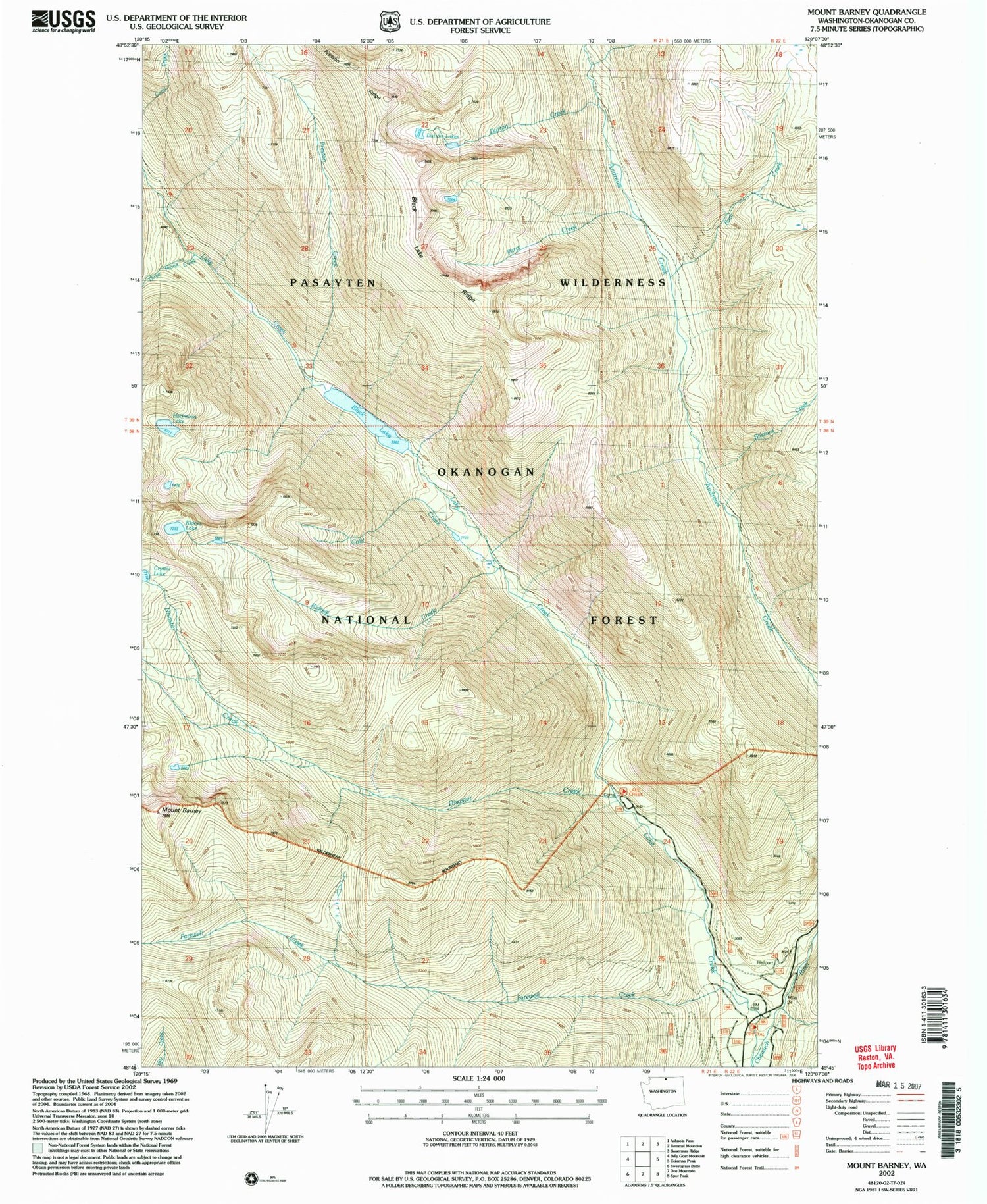 Classic USGS Mount Barney Washington 7.5'x7.5' Topo Map Image