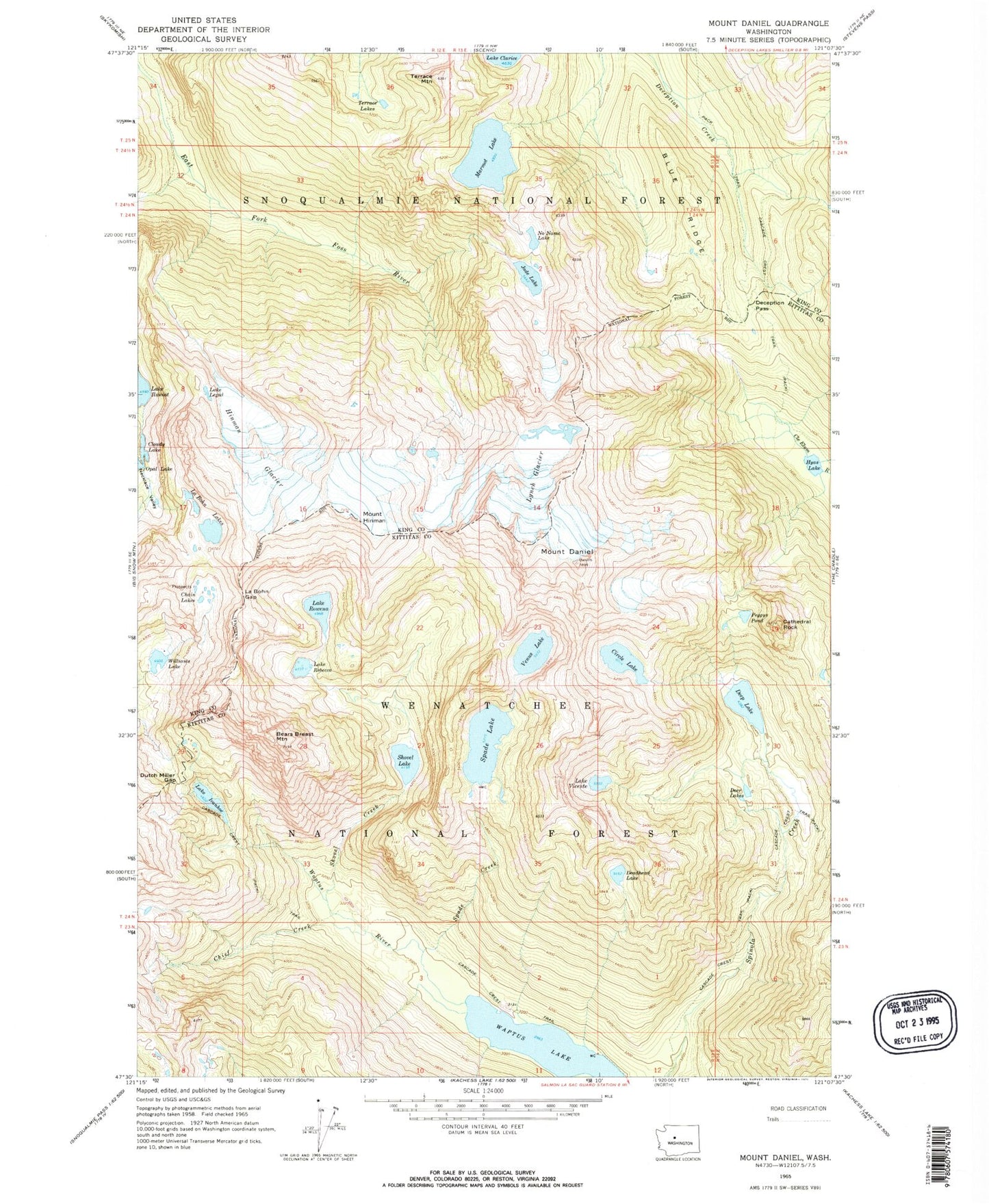 Classic USGS Mount Daniel Washington 7.5'x7.5' Topo Map Image