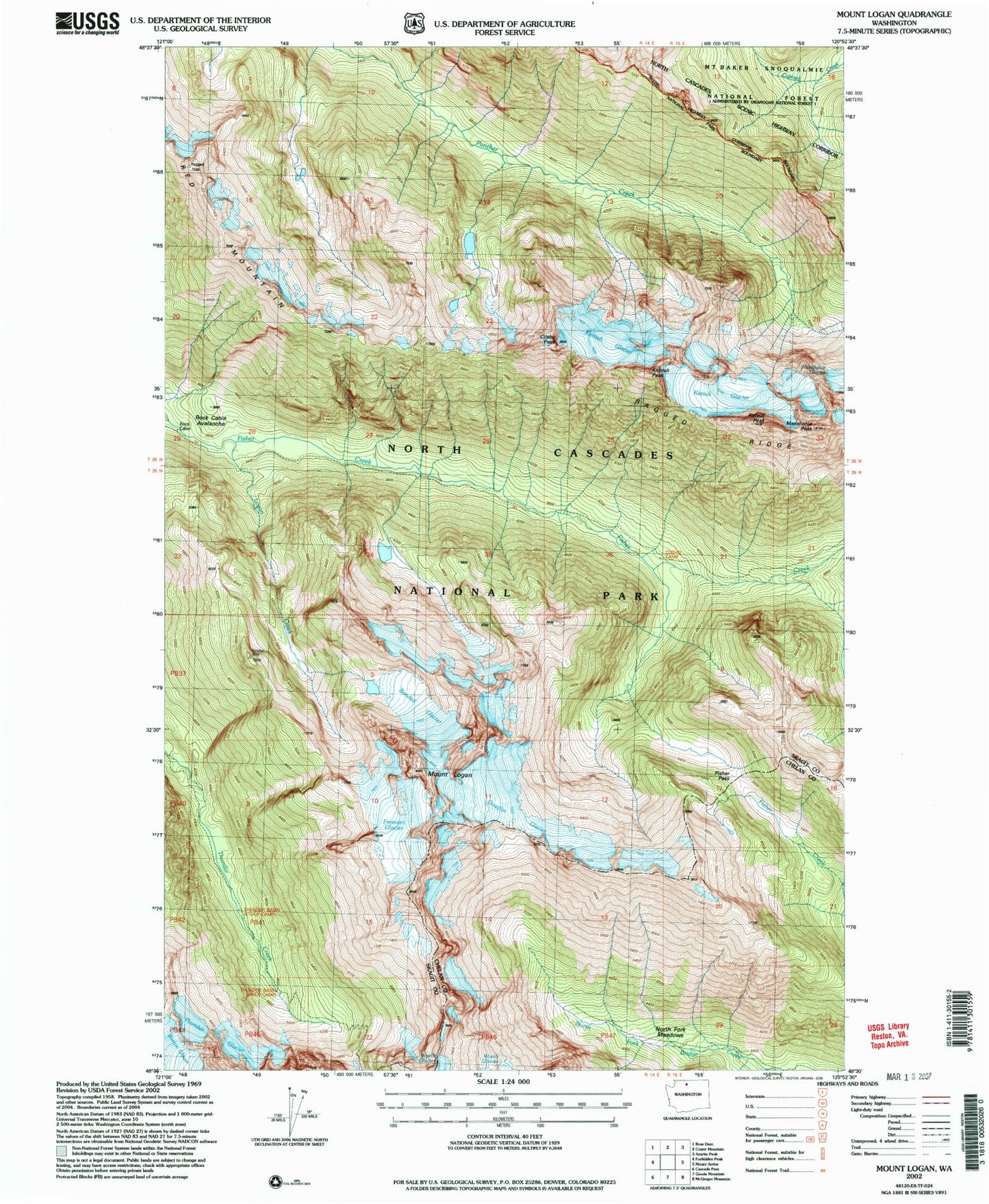 Classic USGS Mount Logan Washington 7.5'x7.5' Topo Map Image