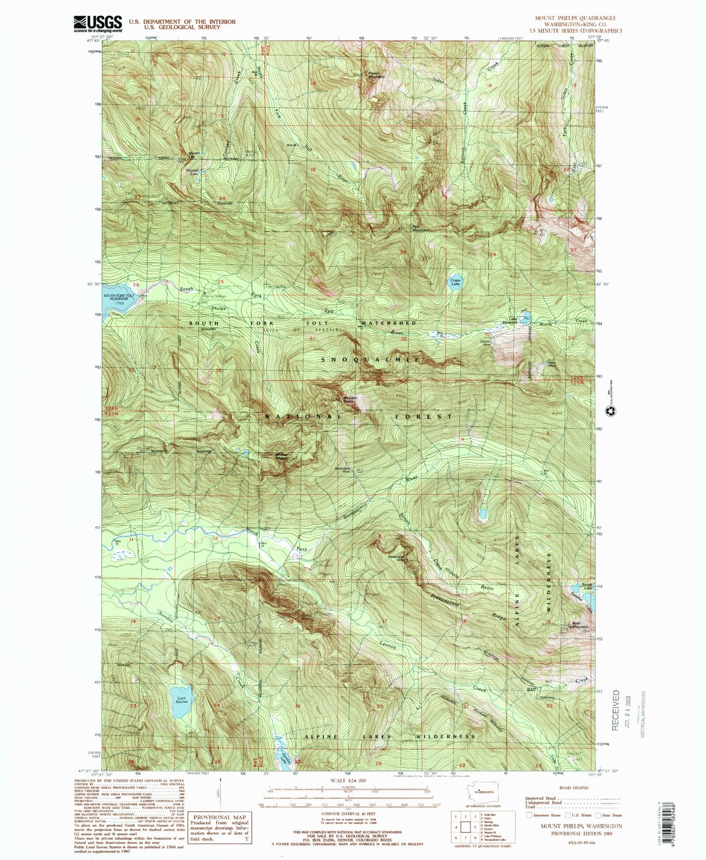 Classic USGS Mount Phelps Washington 7.5'x7.5' Topo Map Image
