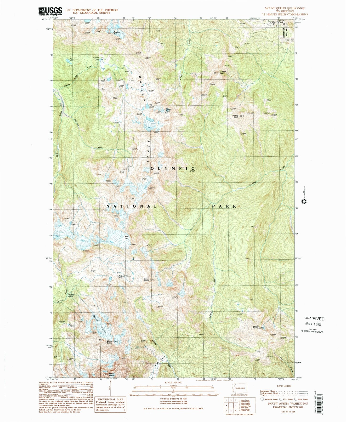 Classic USGS Mount Queets Washington 7.5'x7.5' Topo Map Image