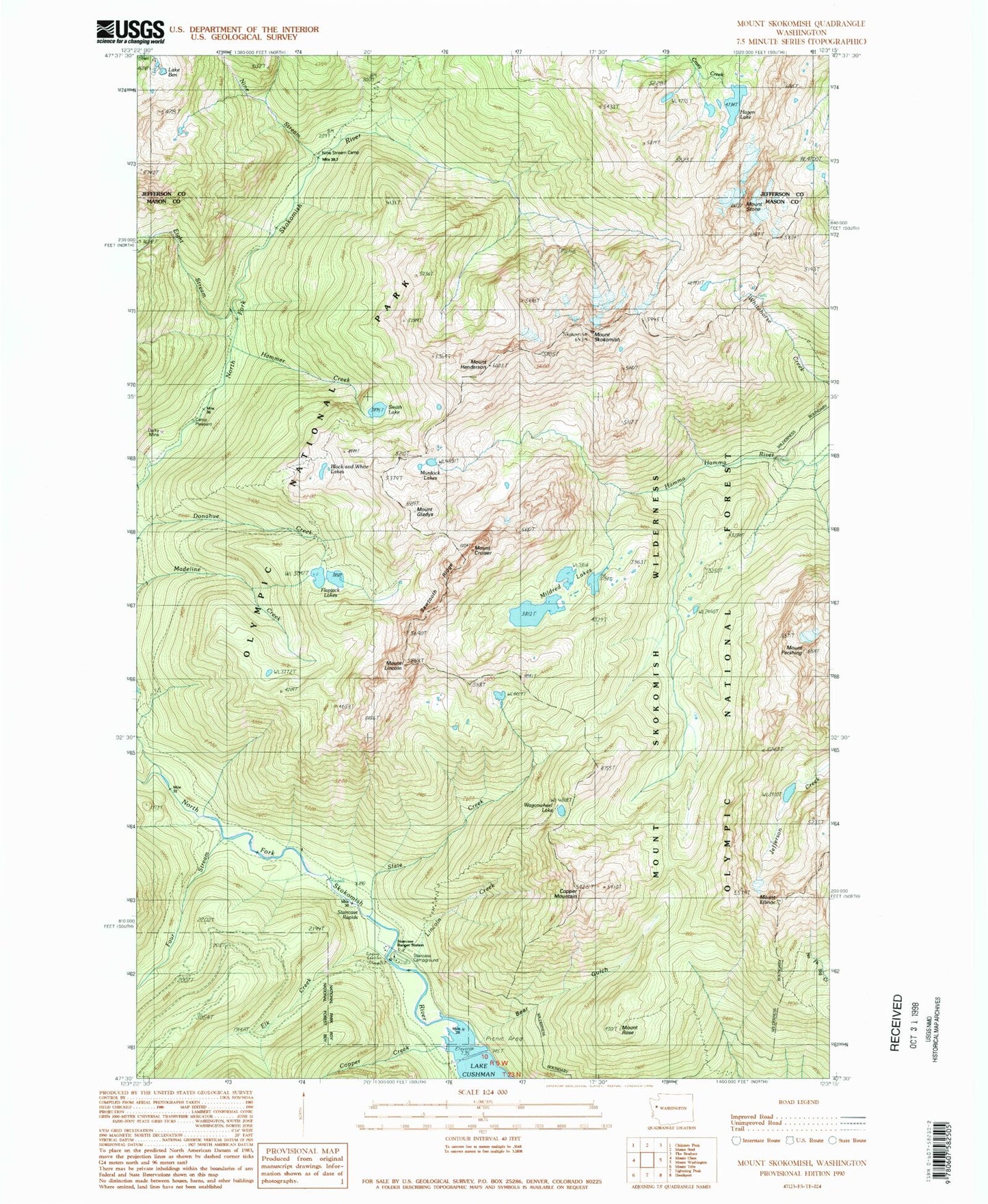 Classic USGS Mount Skokomish Washington 7.5'x7.5' Topo Map Image