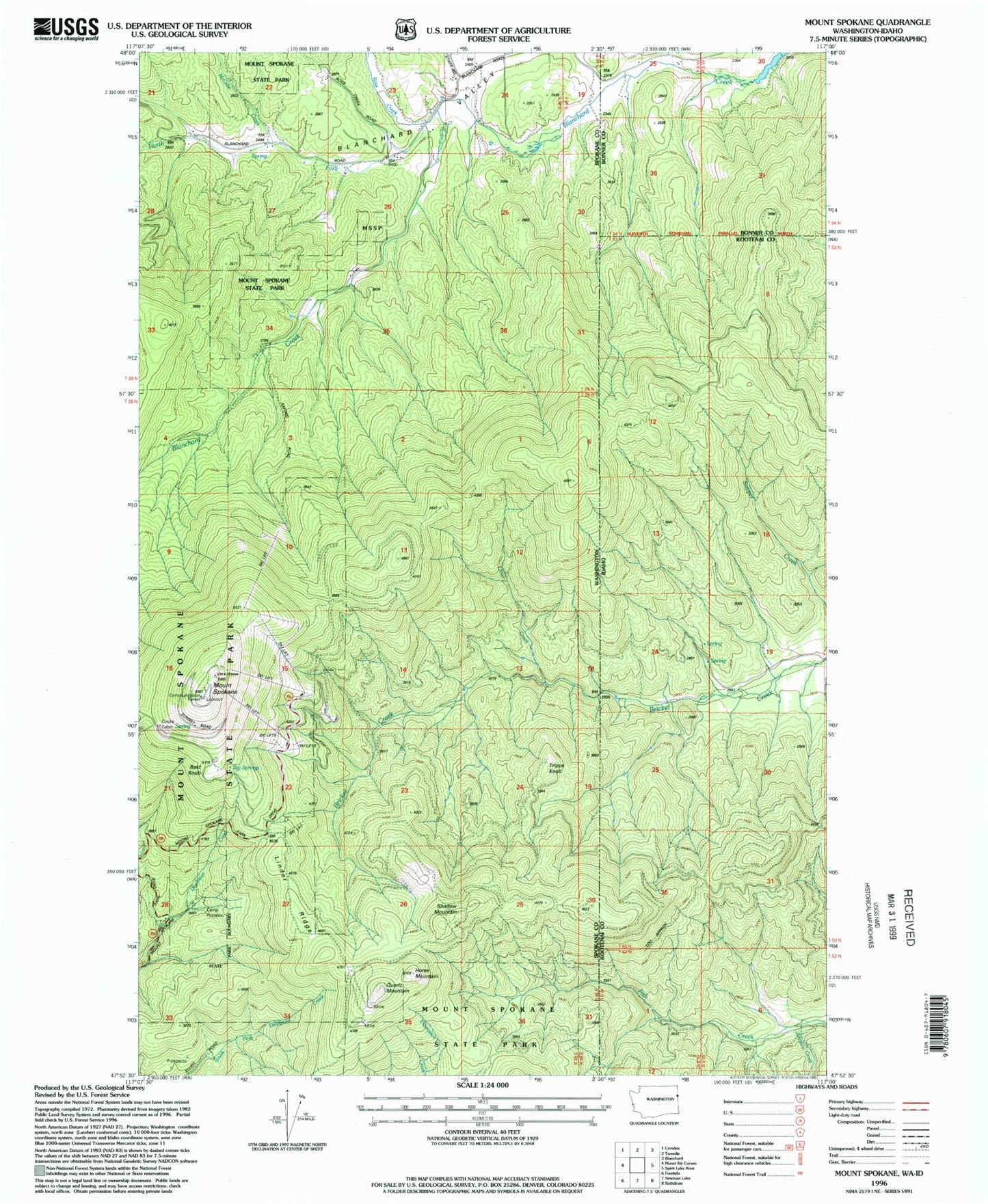 Classic USGS Mount Spokane Washington 7.5'x7.5' Topo Map Image