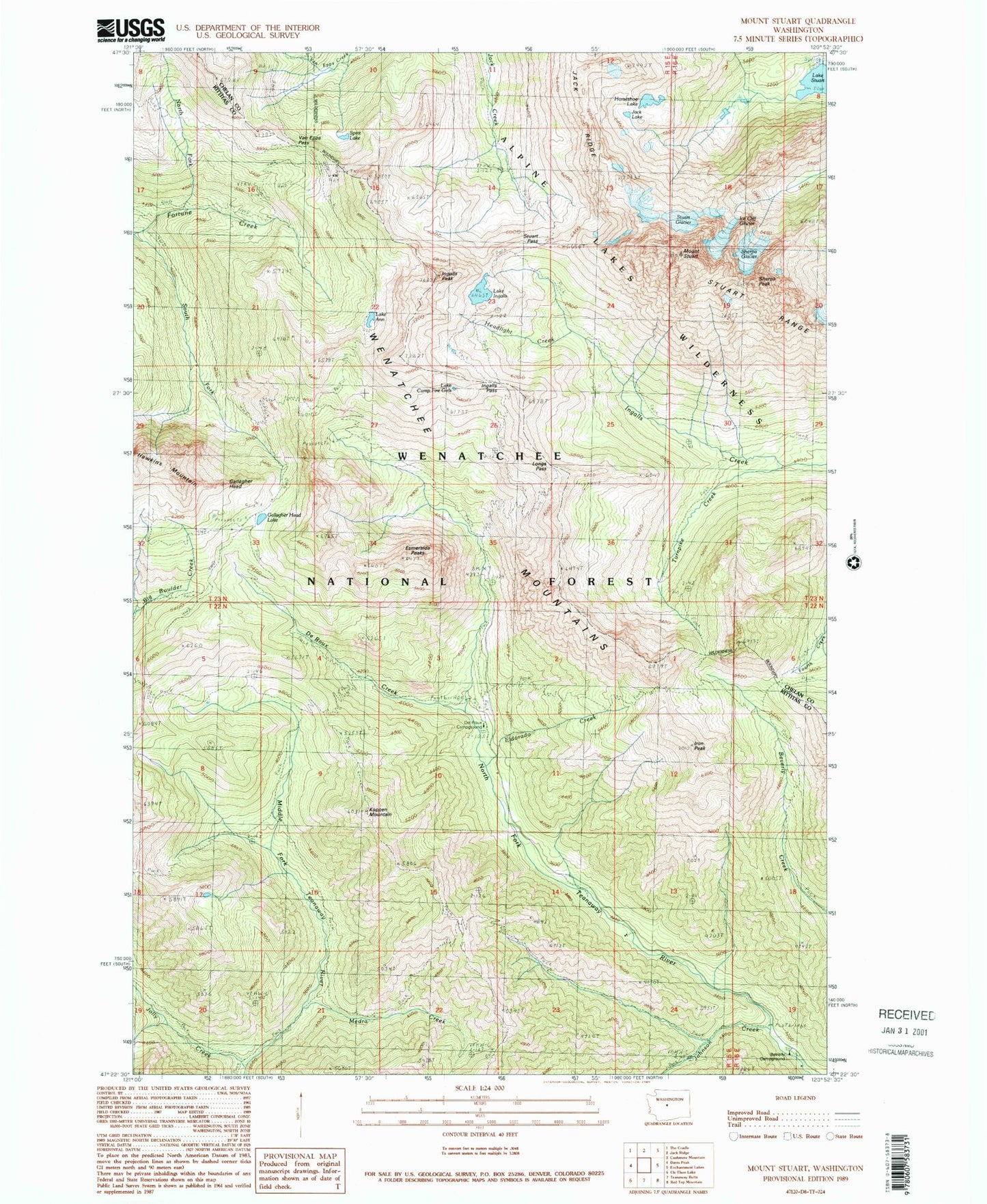Classic USGS Mount Stuart Washington 7.5'x7.5' Topo Map Image