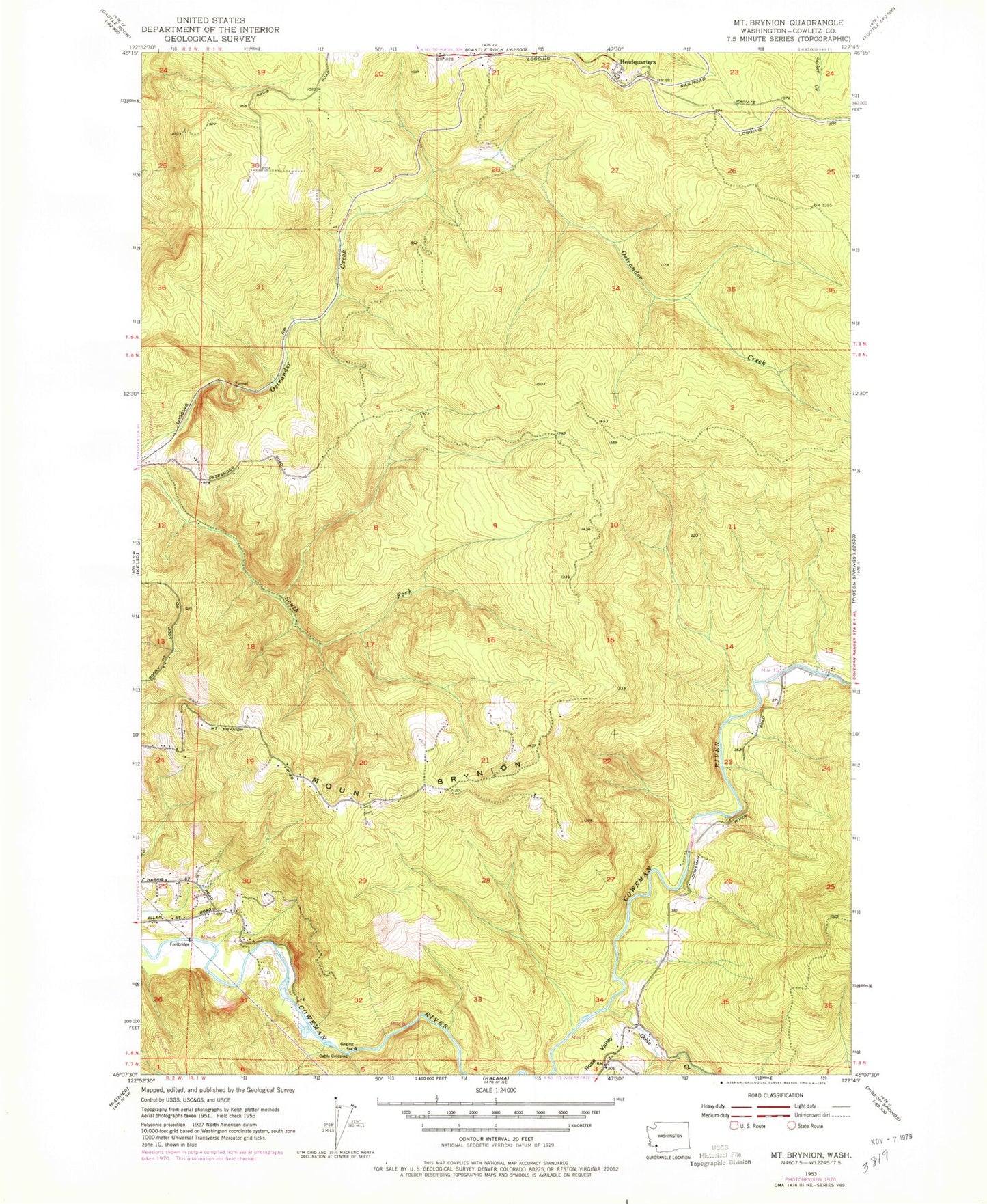 Classic USGS Mount Brynion Washington 7.5'x7.5' Topo Map Image