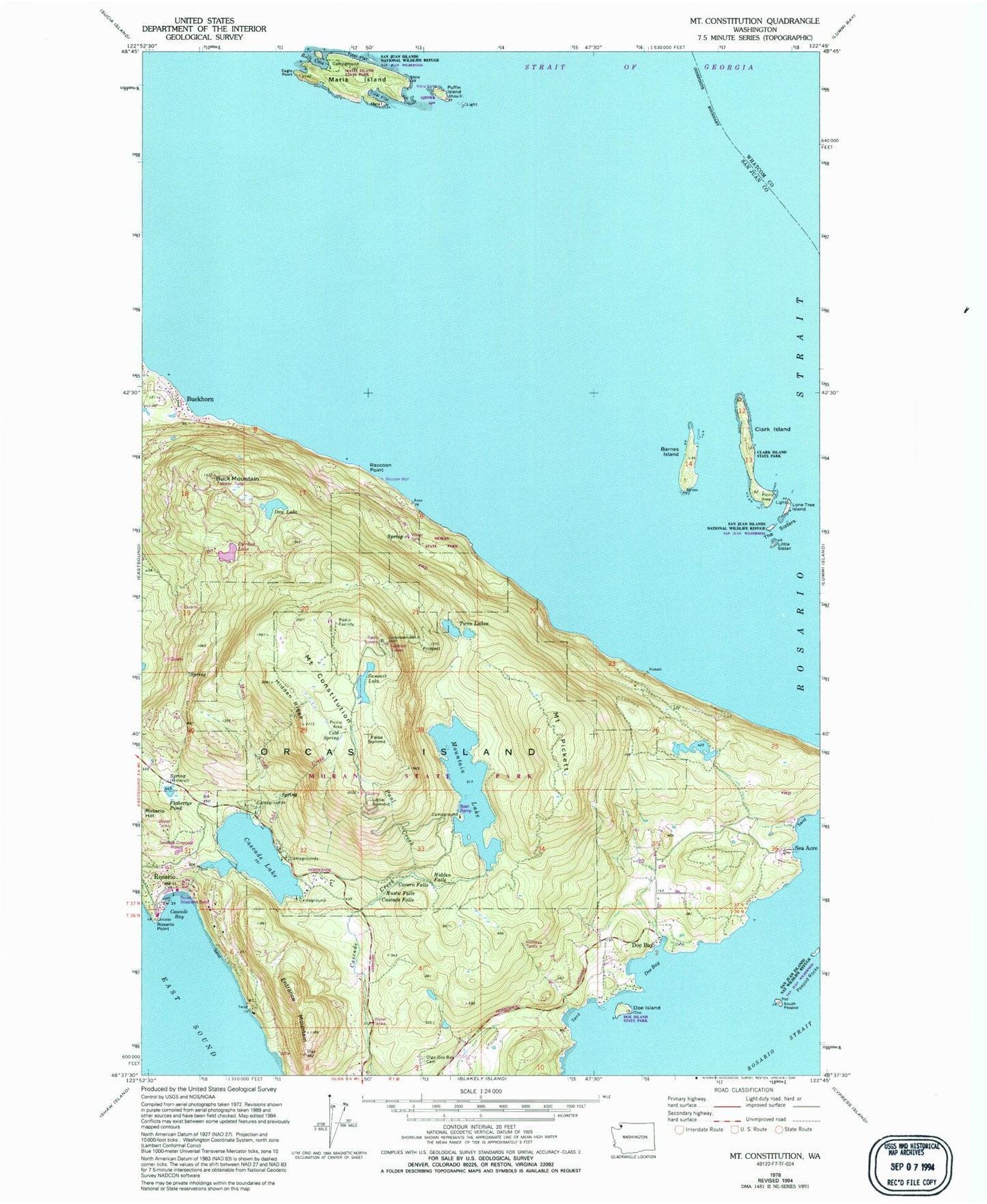 Classic USGS Mount Constitution Washington 7.5'x7.5' Topo Map Image