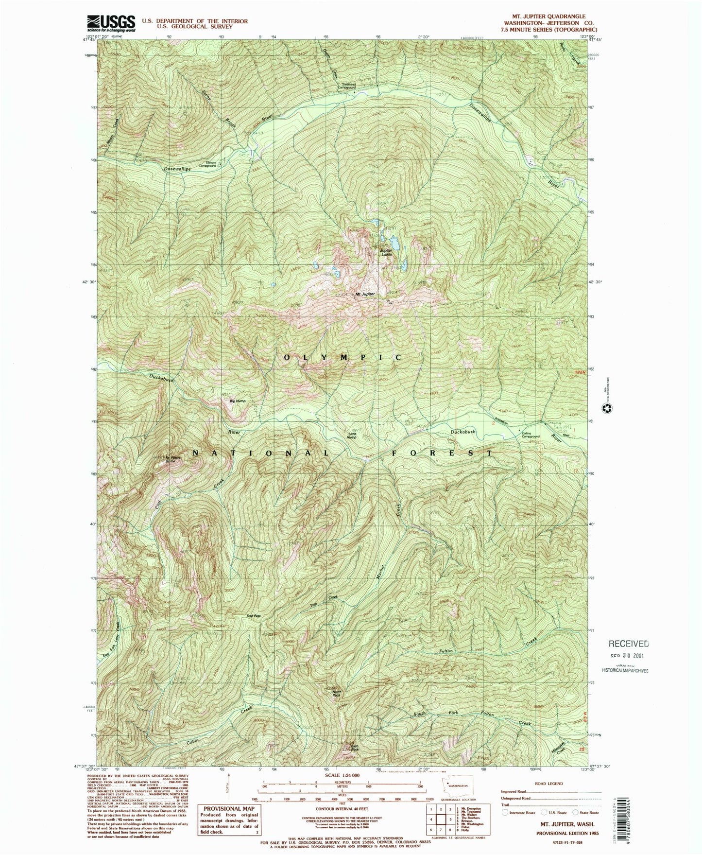 Classic USGS Mount Jupiter Washington 7.5'x7.5' Topo Map Image