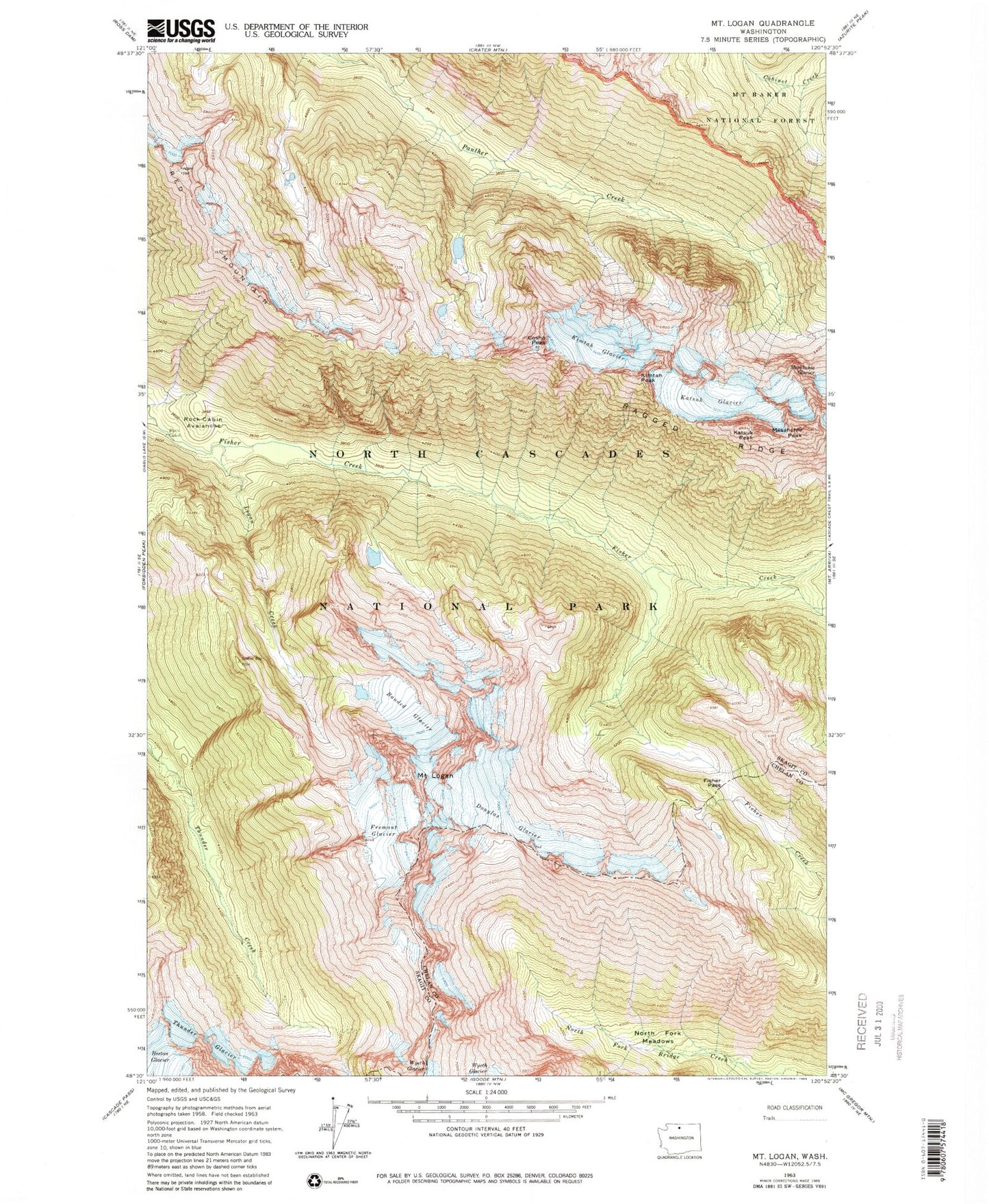 Classic USGS Mount Logan Washington 7.5'x7.5' Topo Map Image