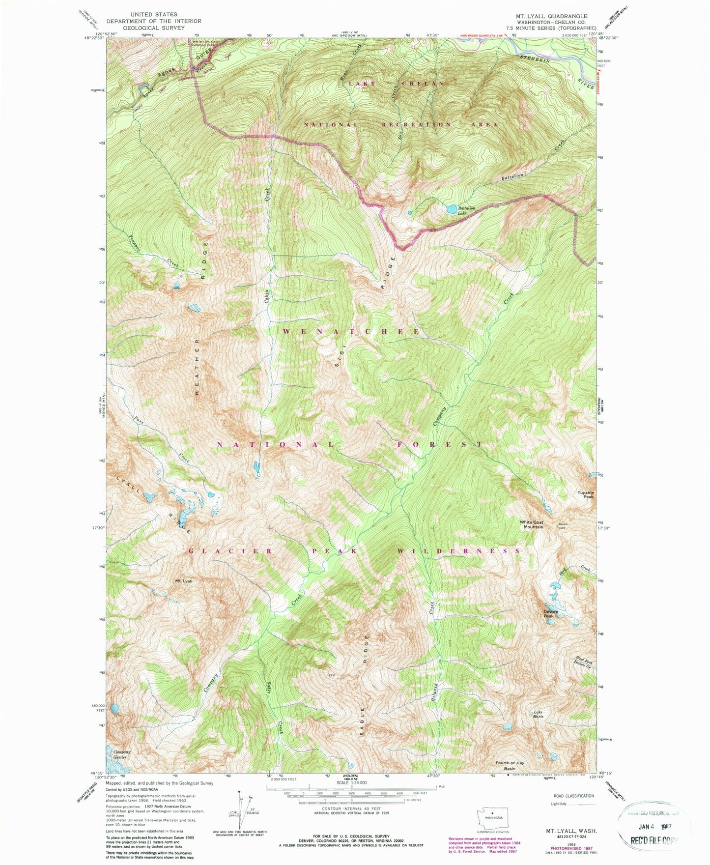 Classic USGS Mount Lyall Washington 7.5'x7.5' Topo Map Image