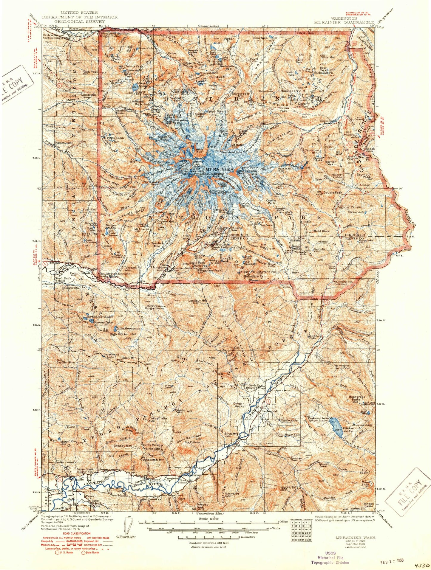 Historic 1928 Mount Rainier Washington 30'x30' Topo Map Image
