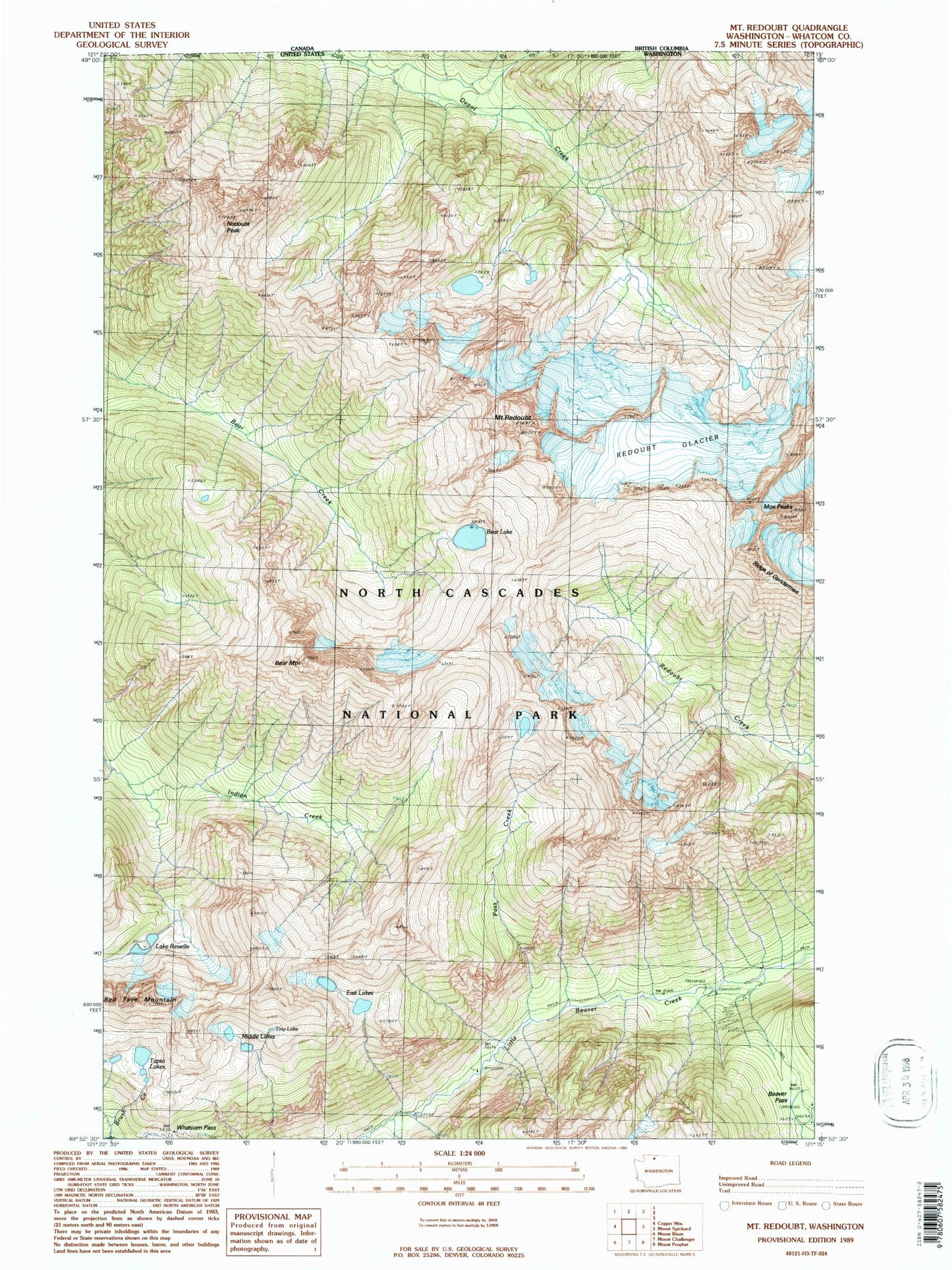 Classic USGS Mount Redoubt Washington 7.5'x7.5' Topo Map Image