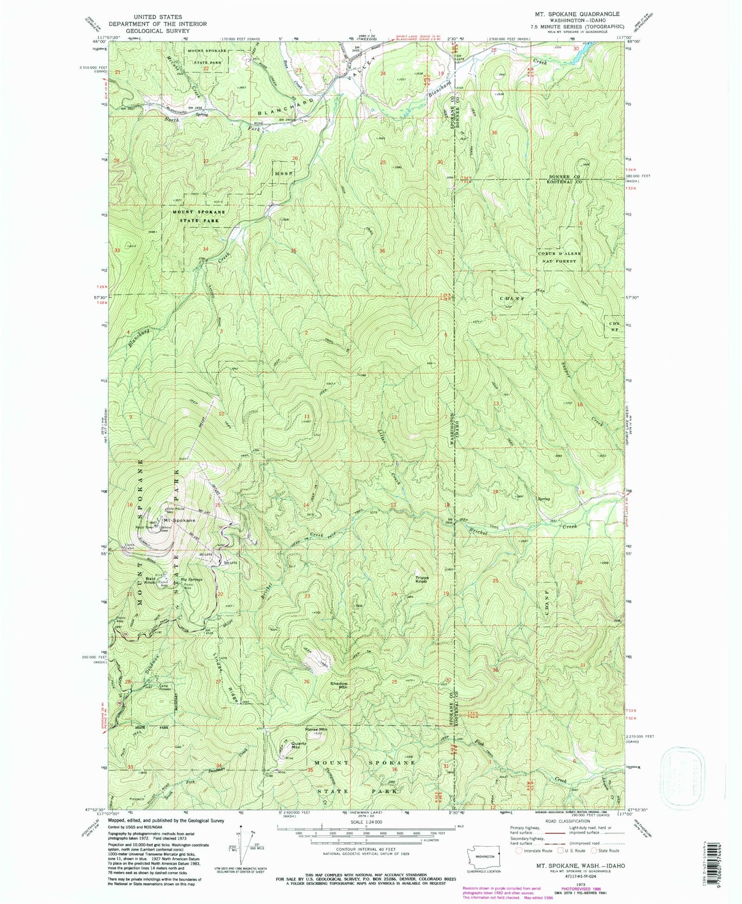 Classic USGS Mount Spokane Washington 7.5'x7.5' Topo Map Image
