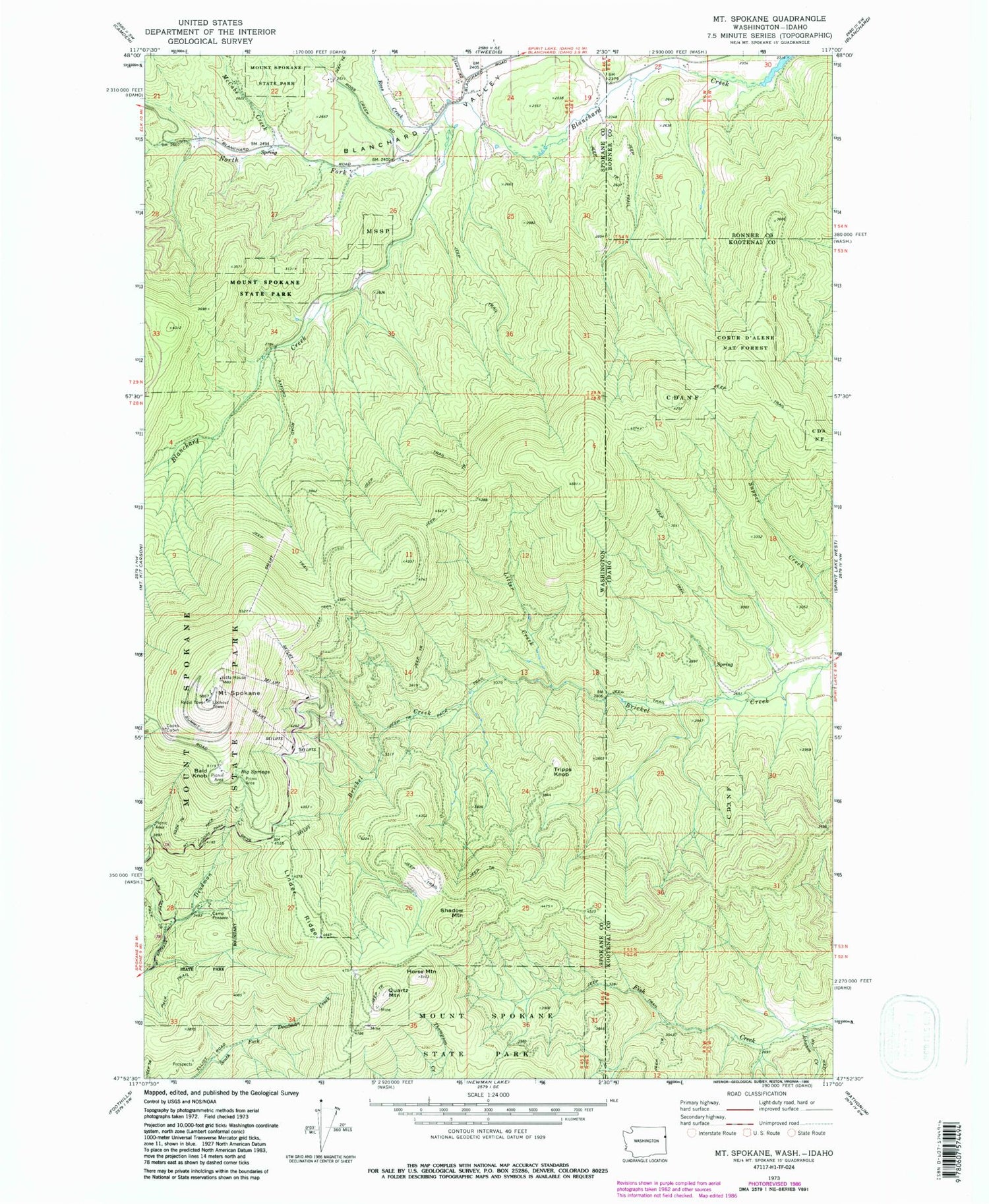 Classic USGS Mount Spokane Washington 7.5'x7.5' Topo Map Image