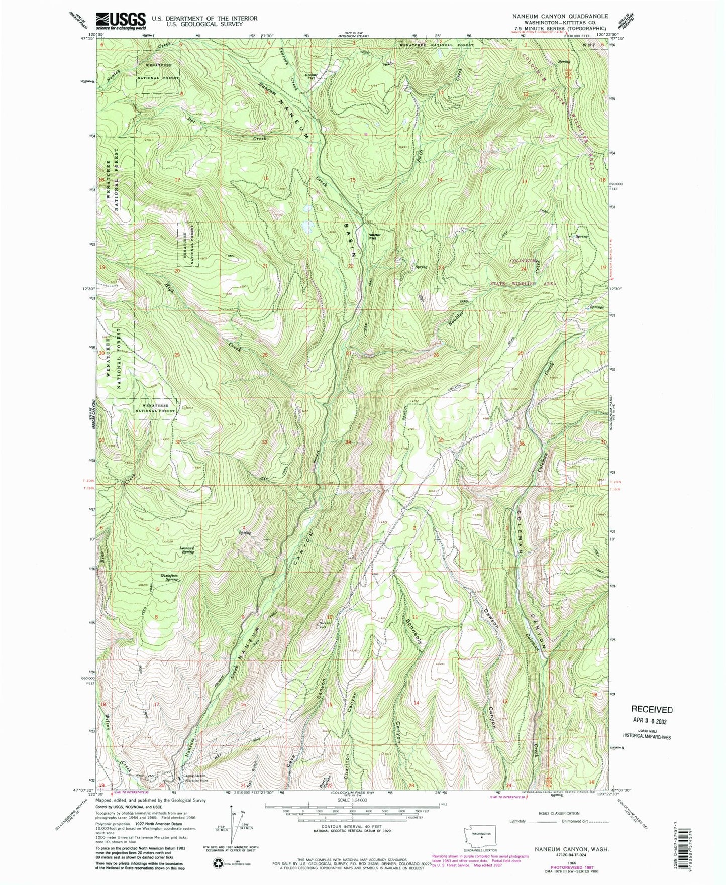 Classic USGS Naneum Canyon Washington 7.5'x7.5' Topo Map Image