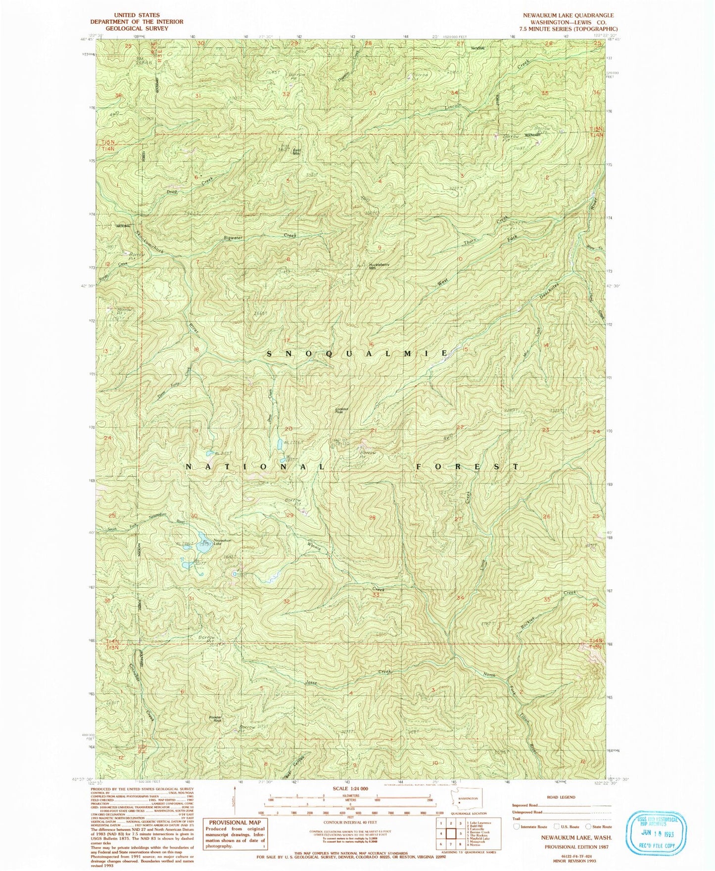 Classic USGS Newaukum Lake Washington 7.5'x7.5' Topo Map Image