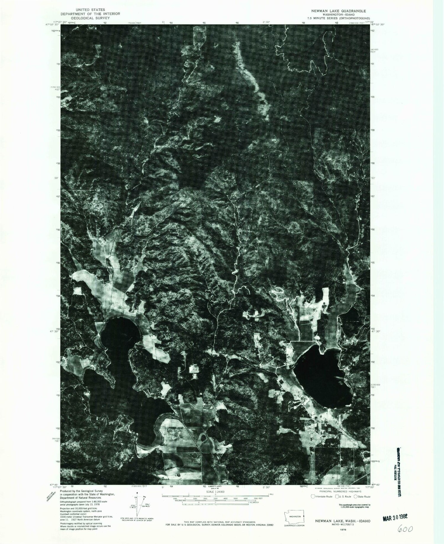 Classic USGS Newman Lake Washington 7.5'x7.5' Topo Map Image