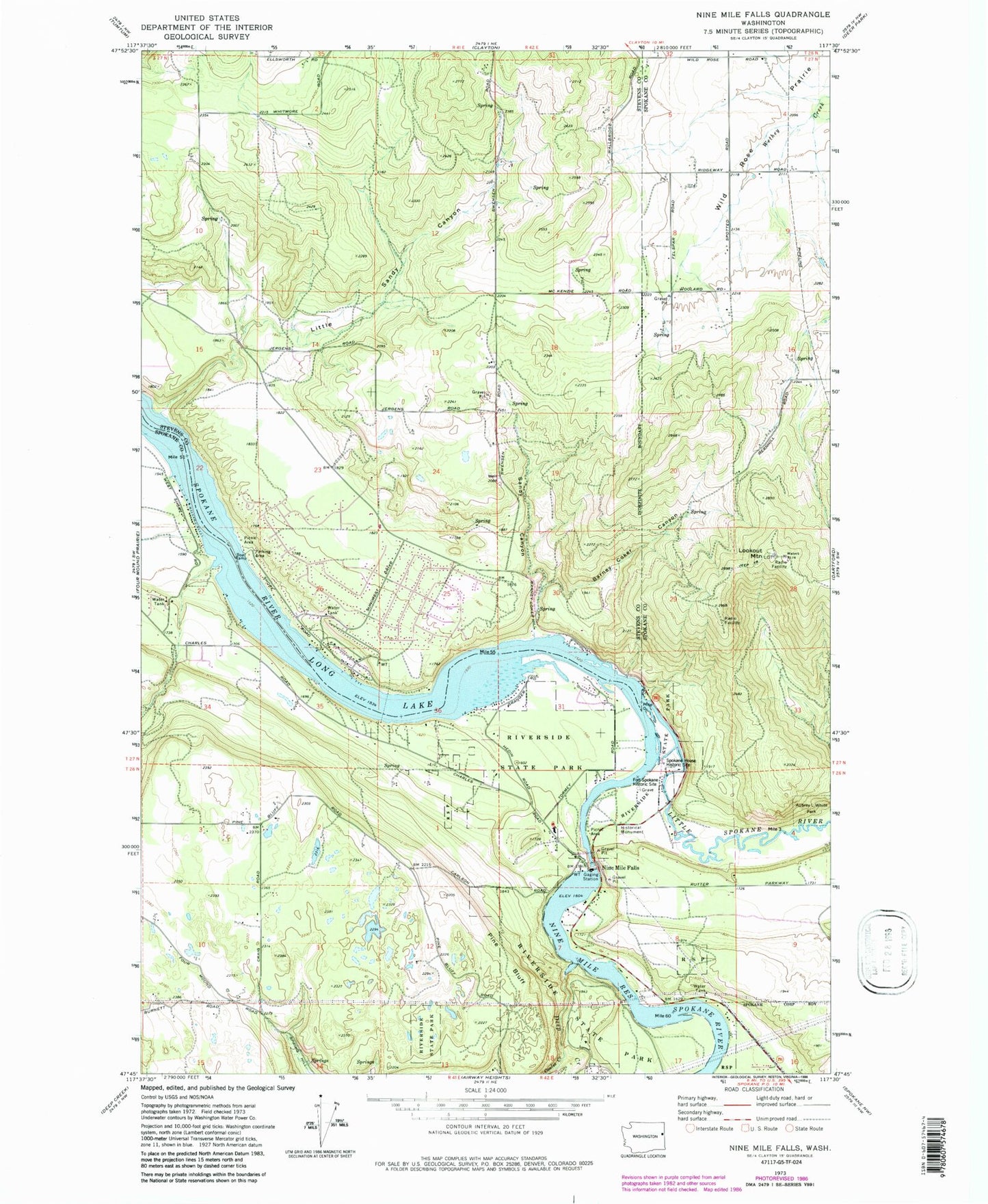 Classic USGS Nine Mile Falls Washington 7.5'x7.5' Topo Map Image