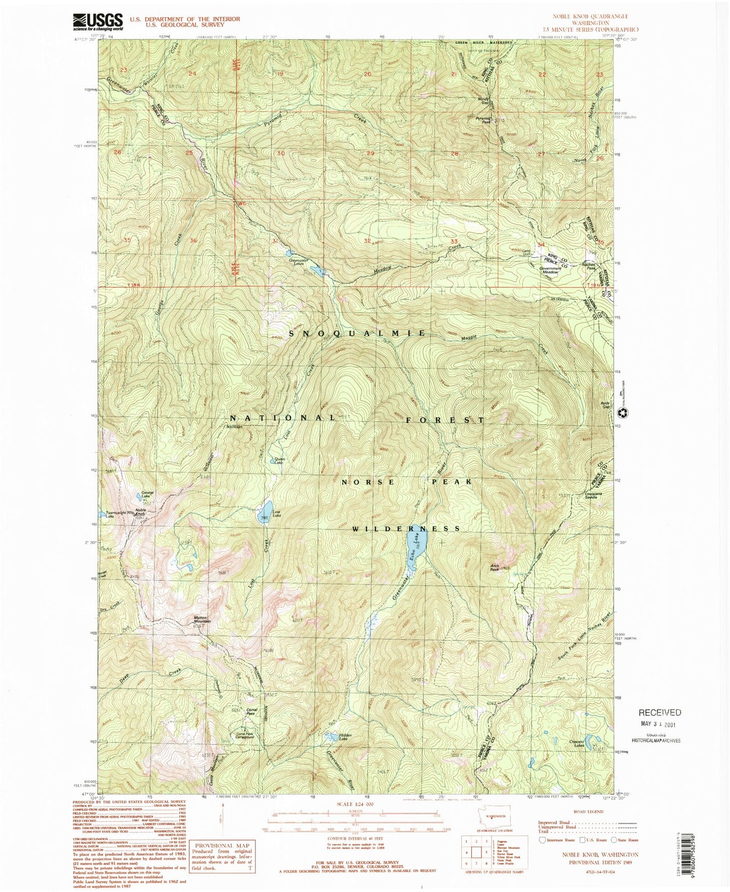 Classic USGS Noble Knob Washington 7.5'x7.5' Topo Map Image