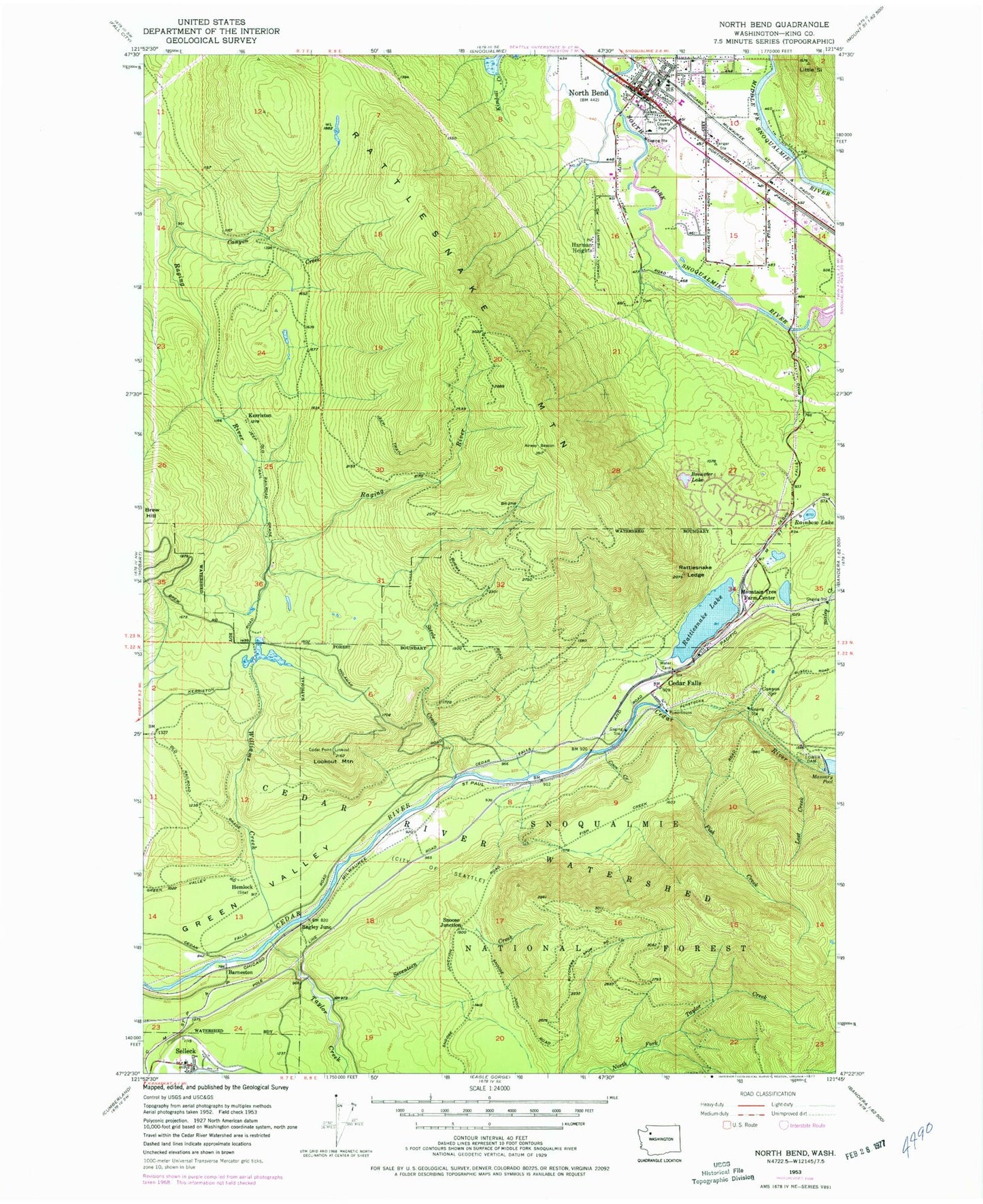 Classic USGS North Bend Washington 7.5'x7.5' Topo Map Image
