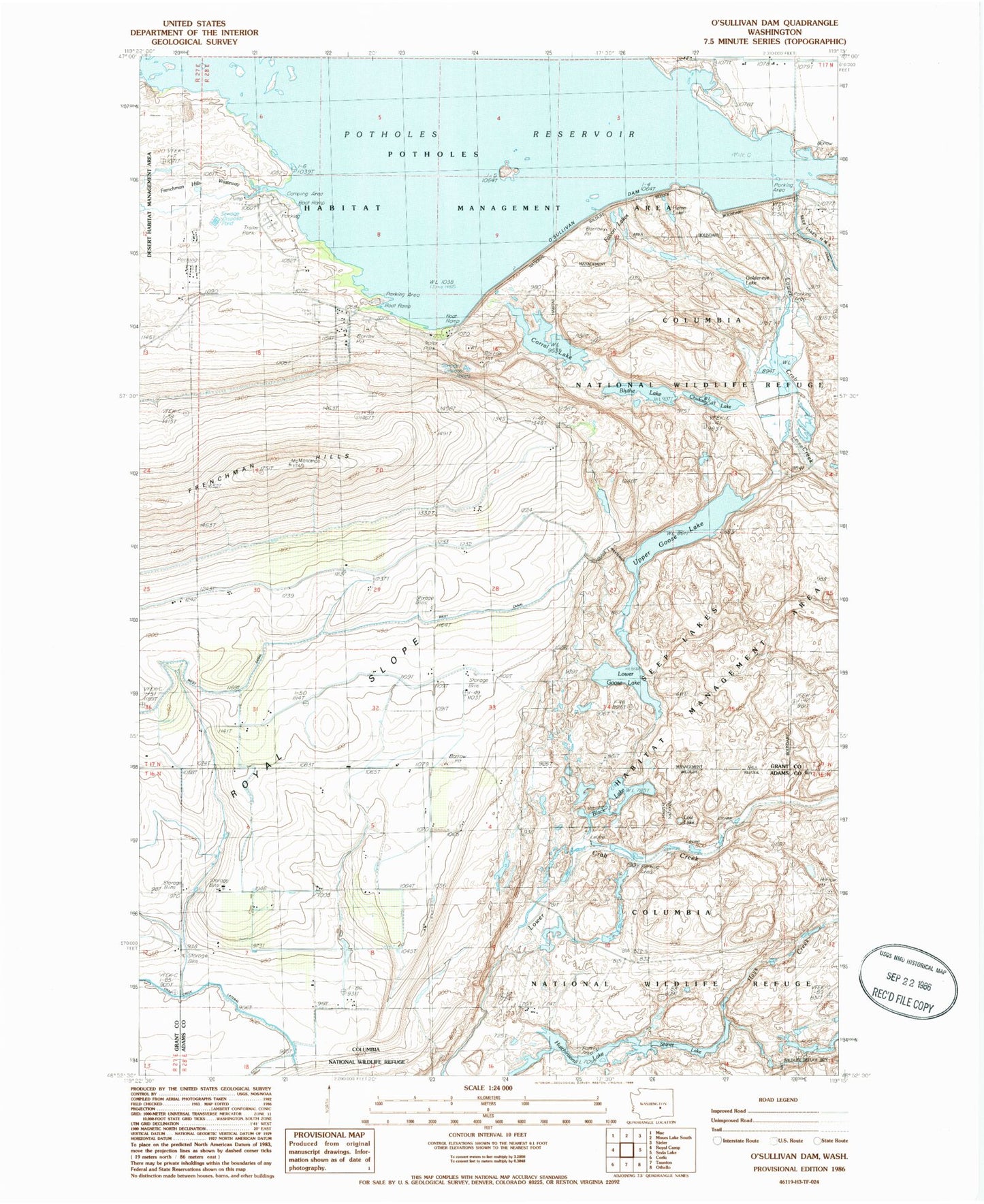 Classic USGS O'Sullivan Dam Washington 7.5'x7.5' Topo Map Image