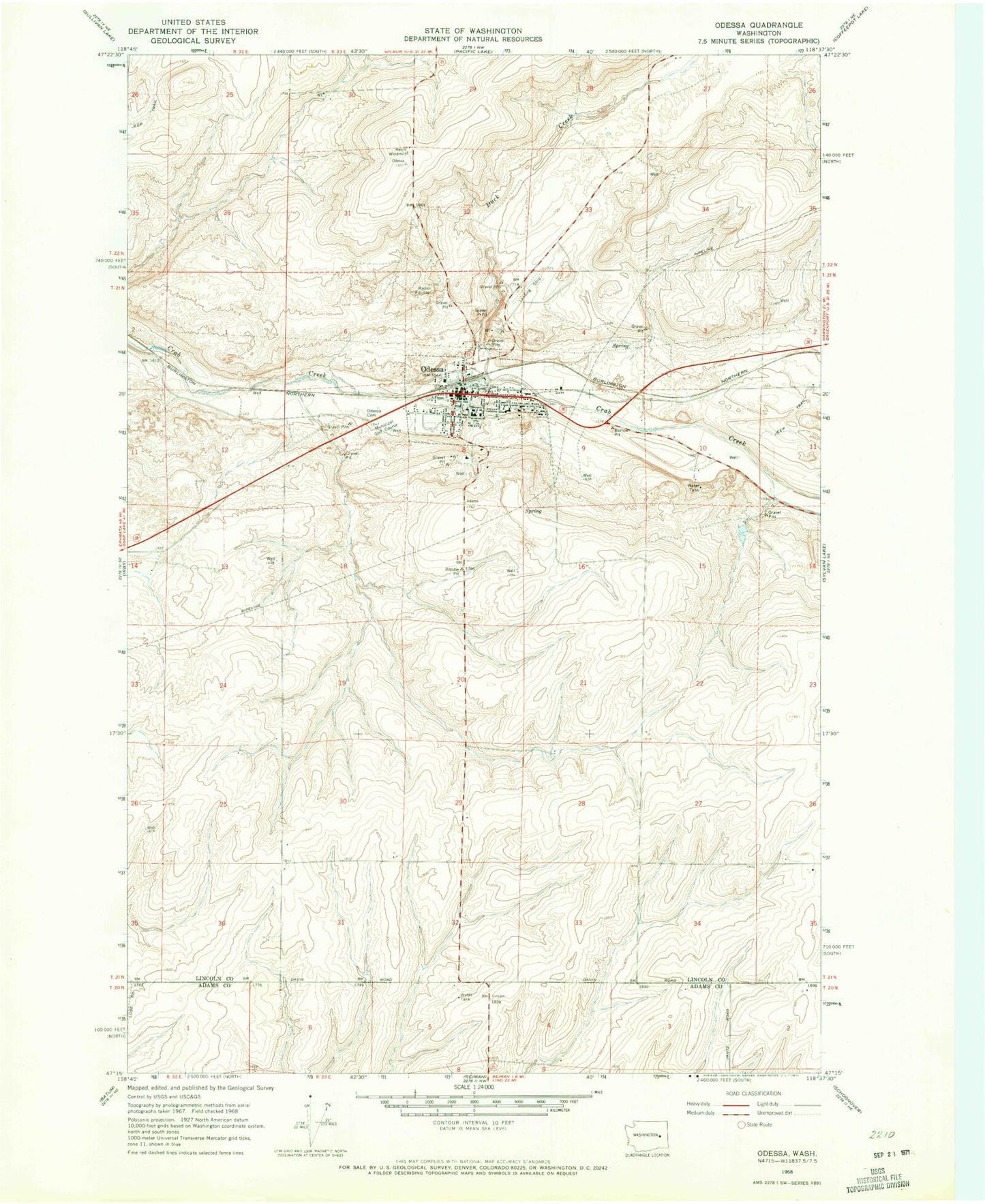 Classic USGS Odessa Washington 7.5'x7.5' Topo Map Image
