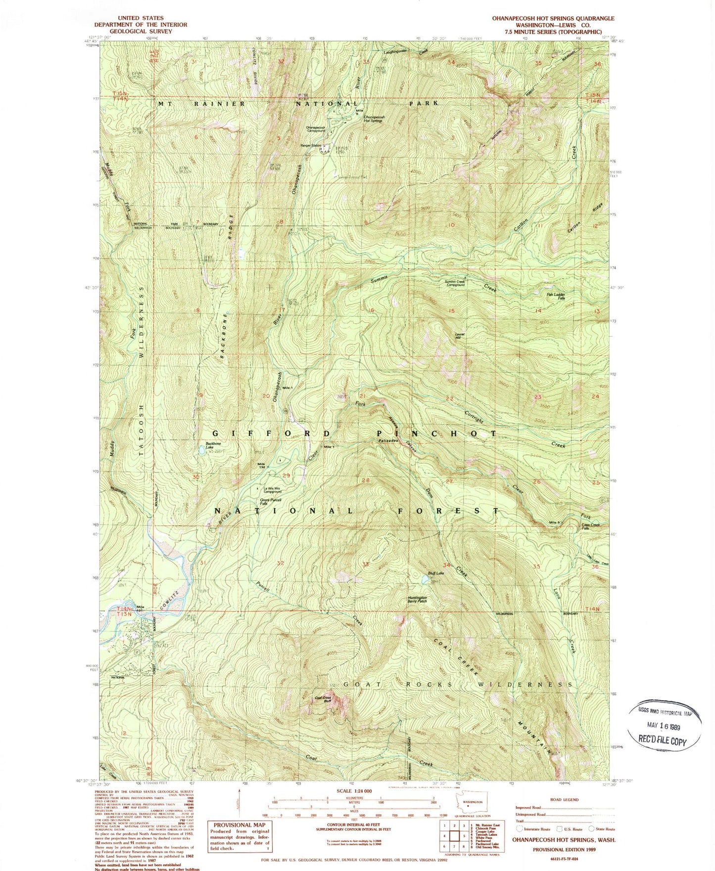 Classic USGS Ohanapecosh Hot Springs Washington 7.5'x7.5' Topo Map Image