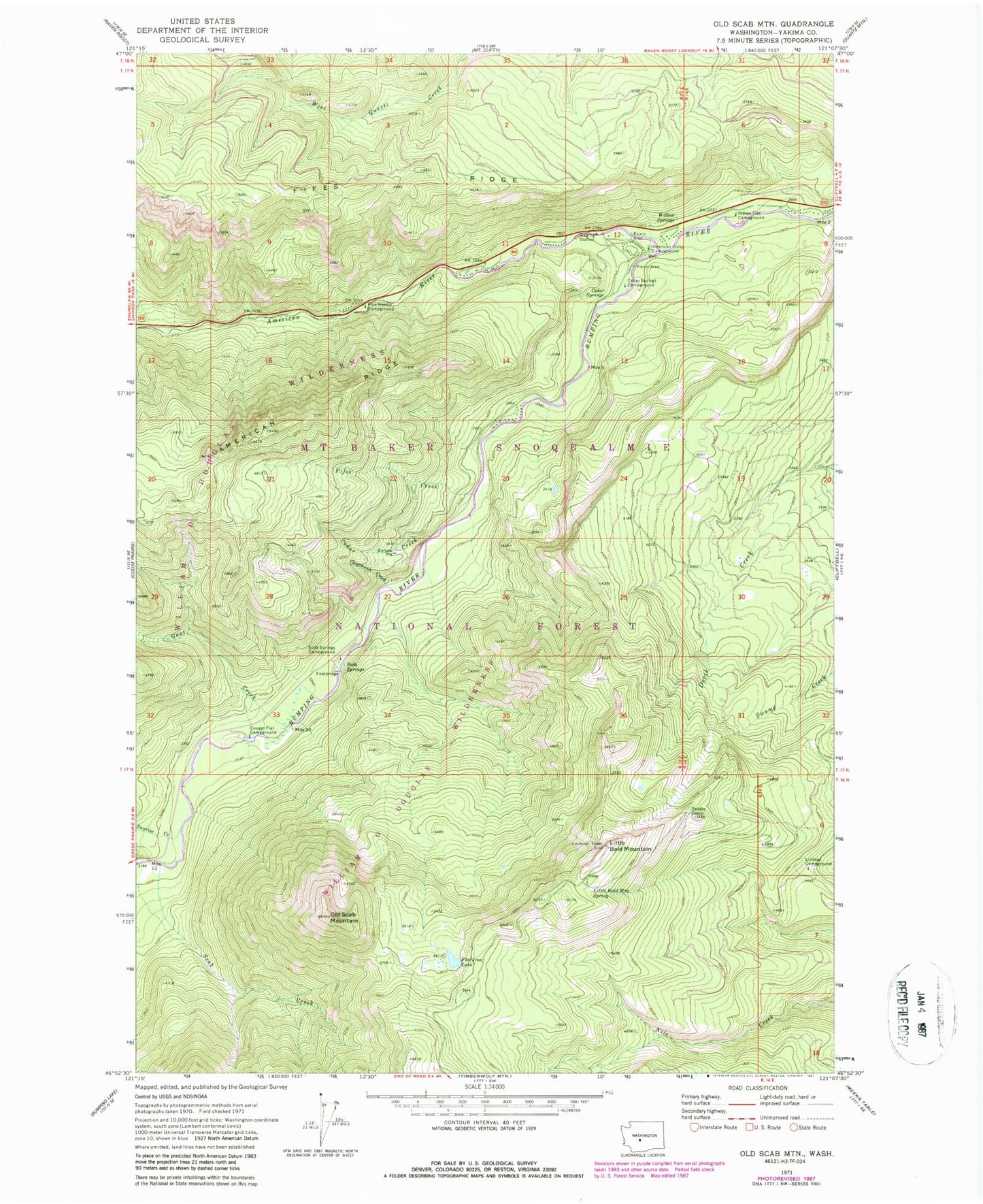 Classic USGS Old Scab Mountain Washington 7.5'x7.5' Topo Map Image