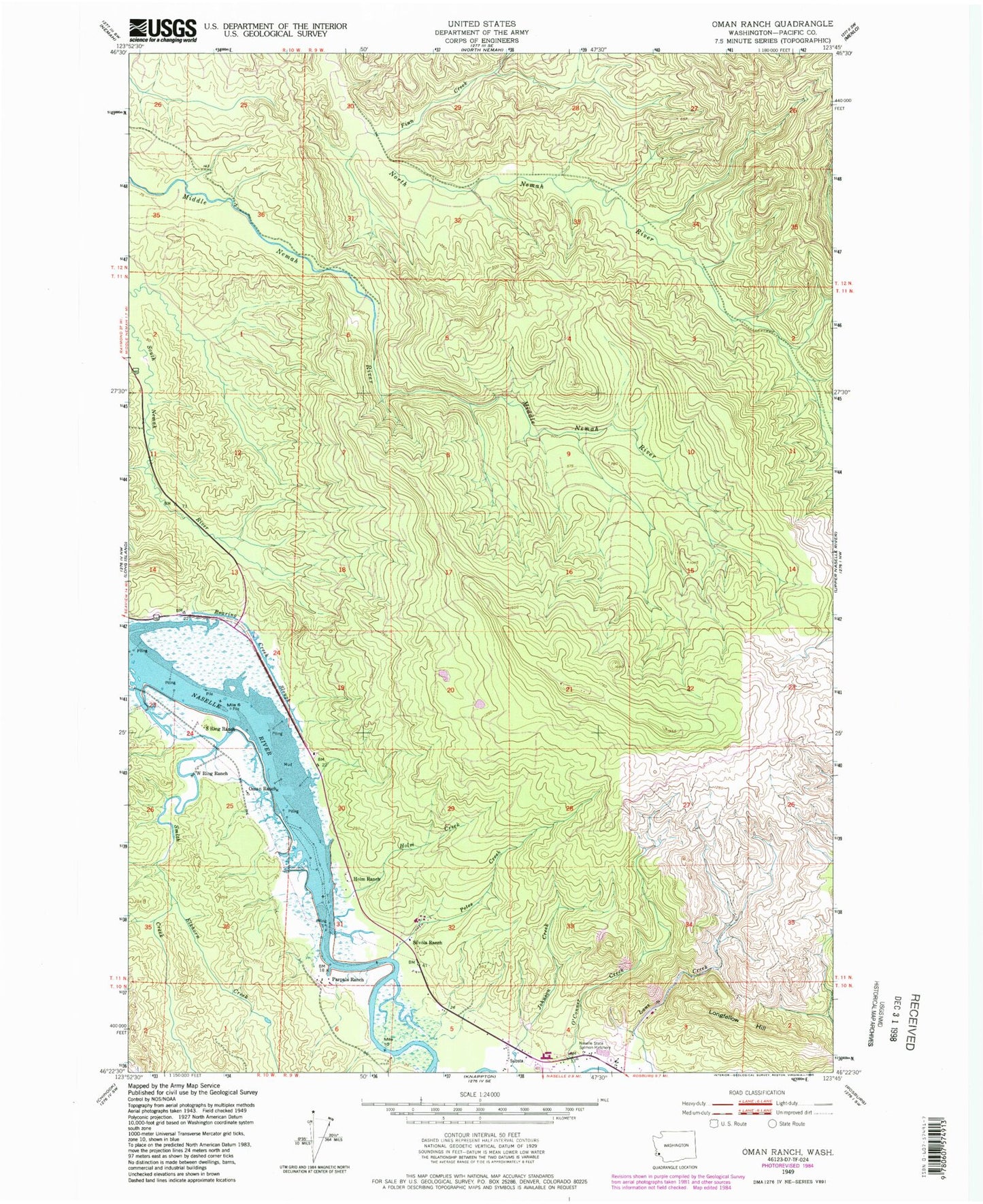 Classic USGS Oman Ranch Washington 7.5'x7.5' Topo Map Image