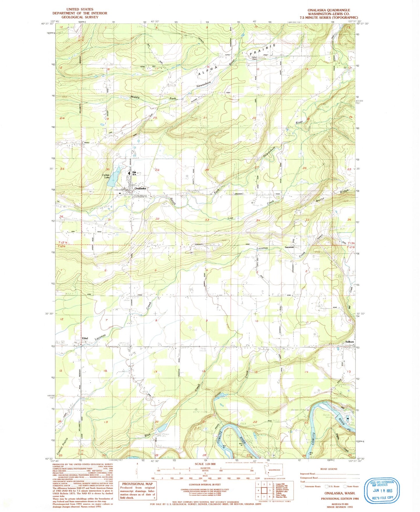 Classic USGS Onalaska Washington 7.5'x7.5' Topo Map Image