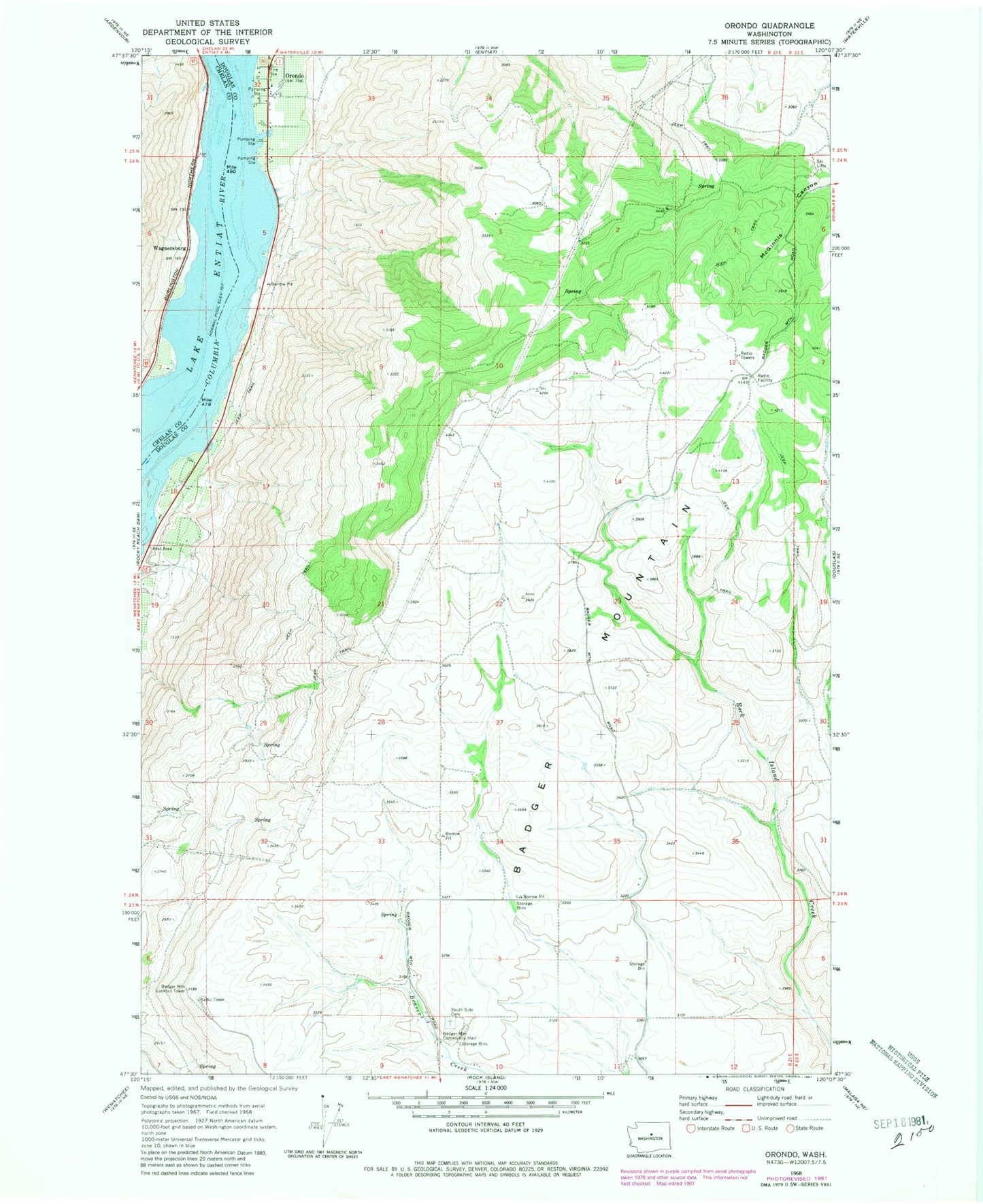 Classic USGS Orondo Washington 7.5'x7.5' Topo Map Image