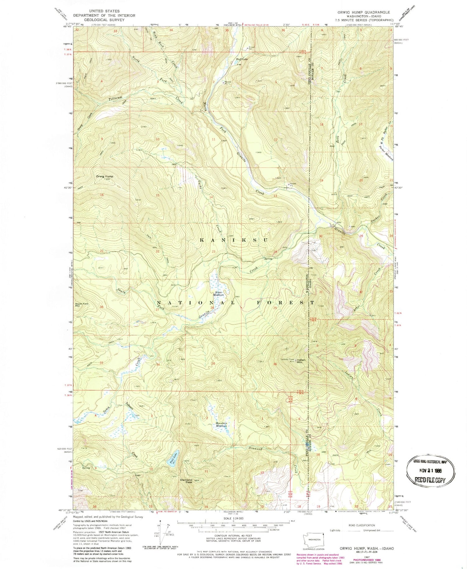 Classic USGS Orwig Hump Washington 7.5'x7.5' Topo Map Image