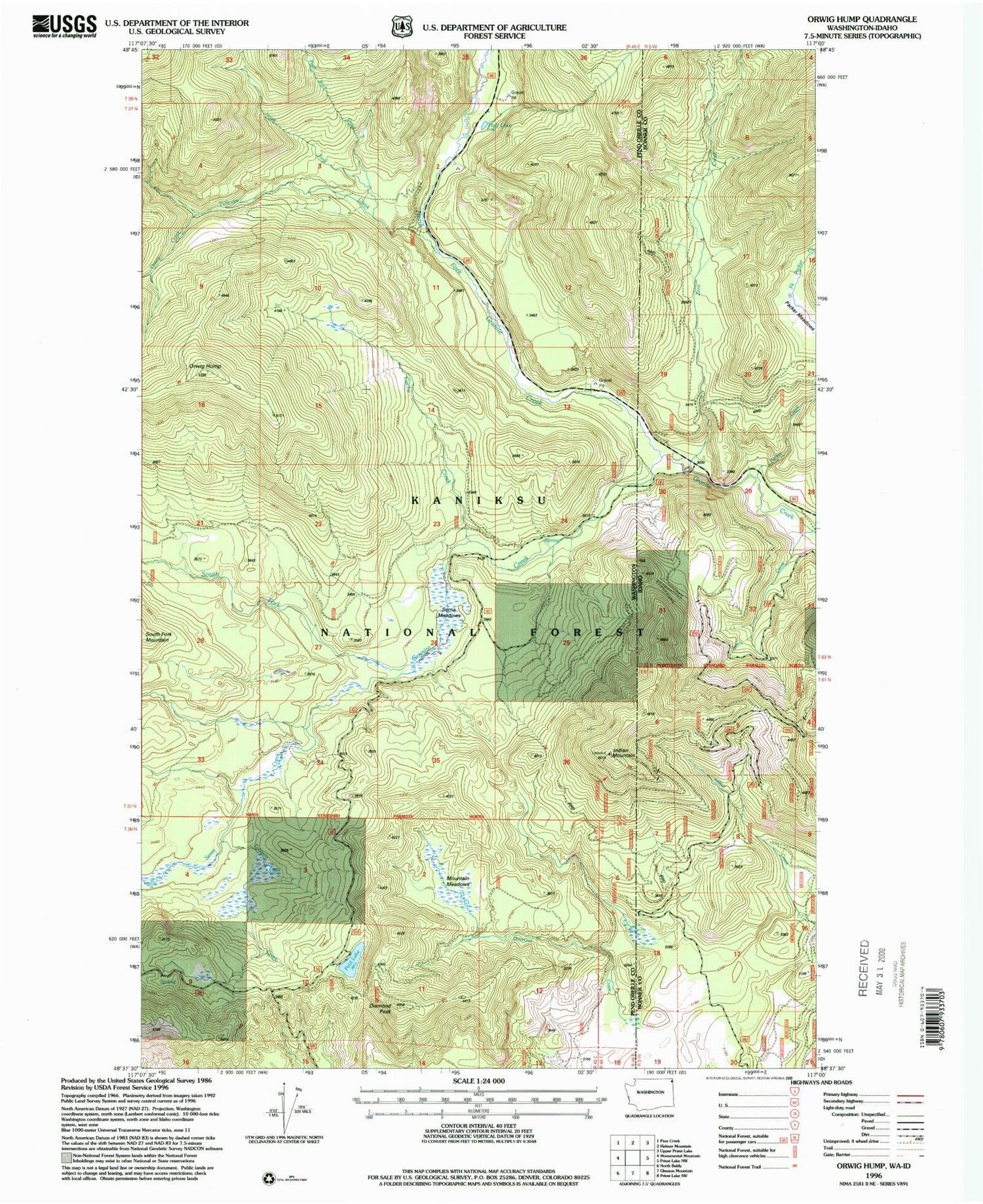 Classic USGS Orwig Hump Washington 7.5'x7.5' Topo Map Image
