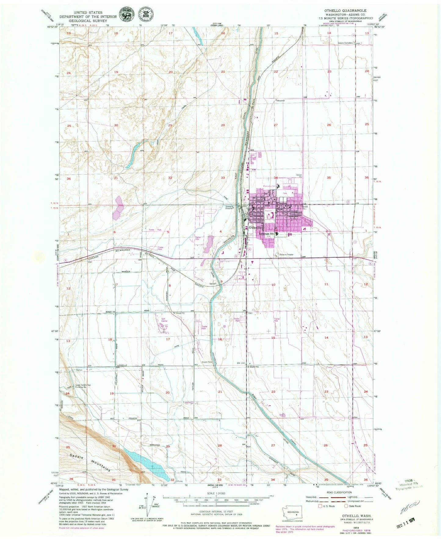 Classic USGS Othello Washington 7.5'x7.5' Topo Map Image