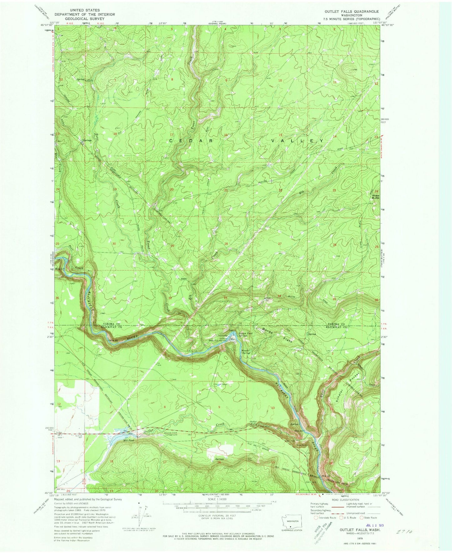 Classic USGS Outlet Falls Washington 7.5'x7.5' Topo Map Image