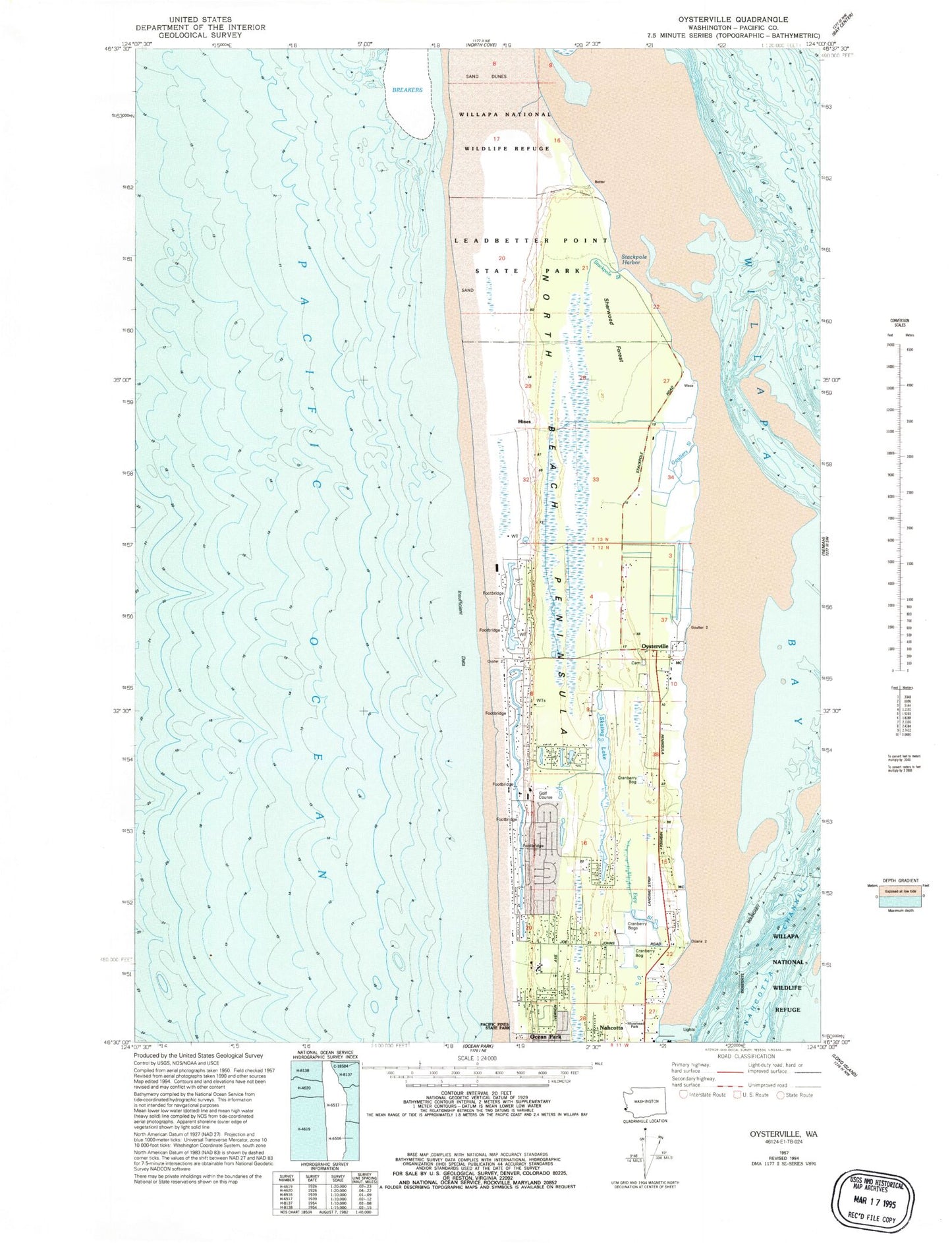 Classic USGS Oysterville Washington 7.5'x7.5' Topo Map Image