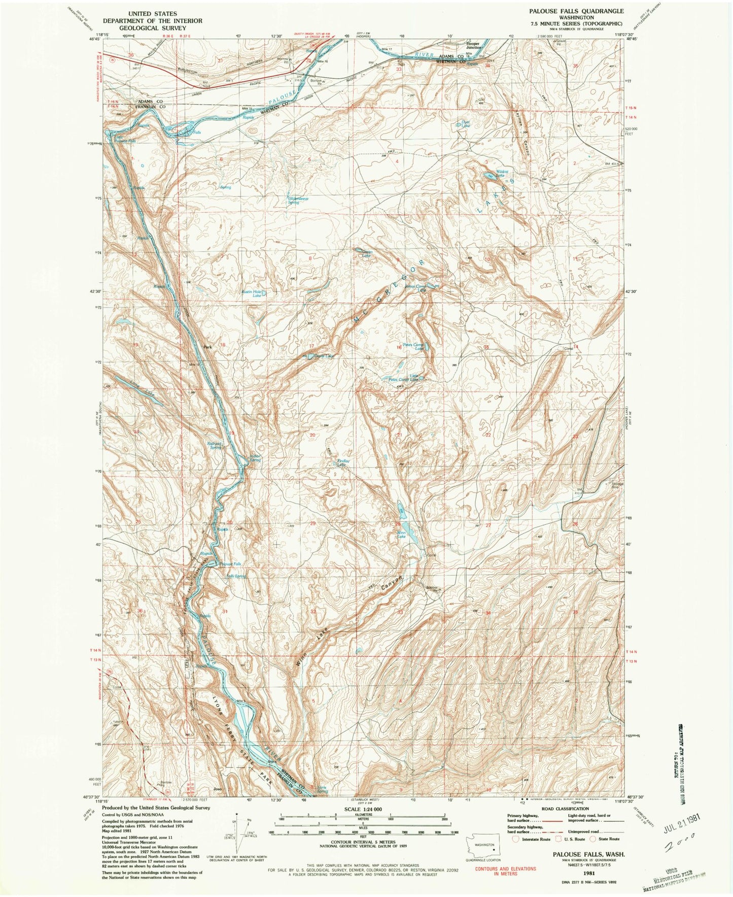 Classic USGS Palouse Falls Washington 7.5'x7.5' Topo Map Image