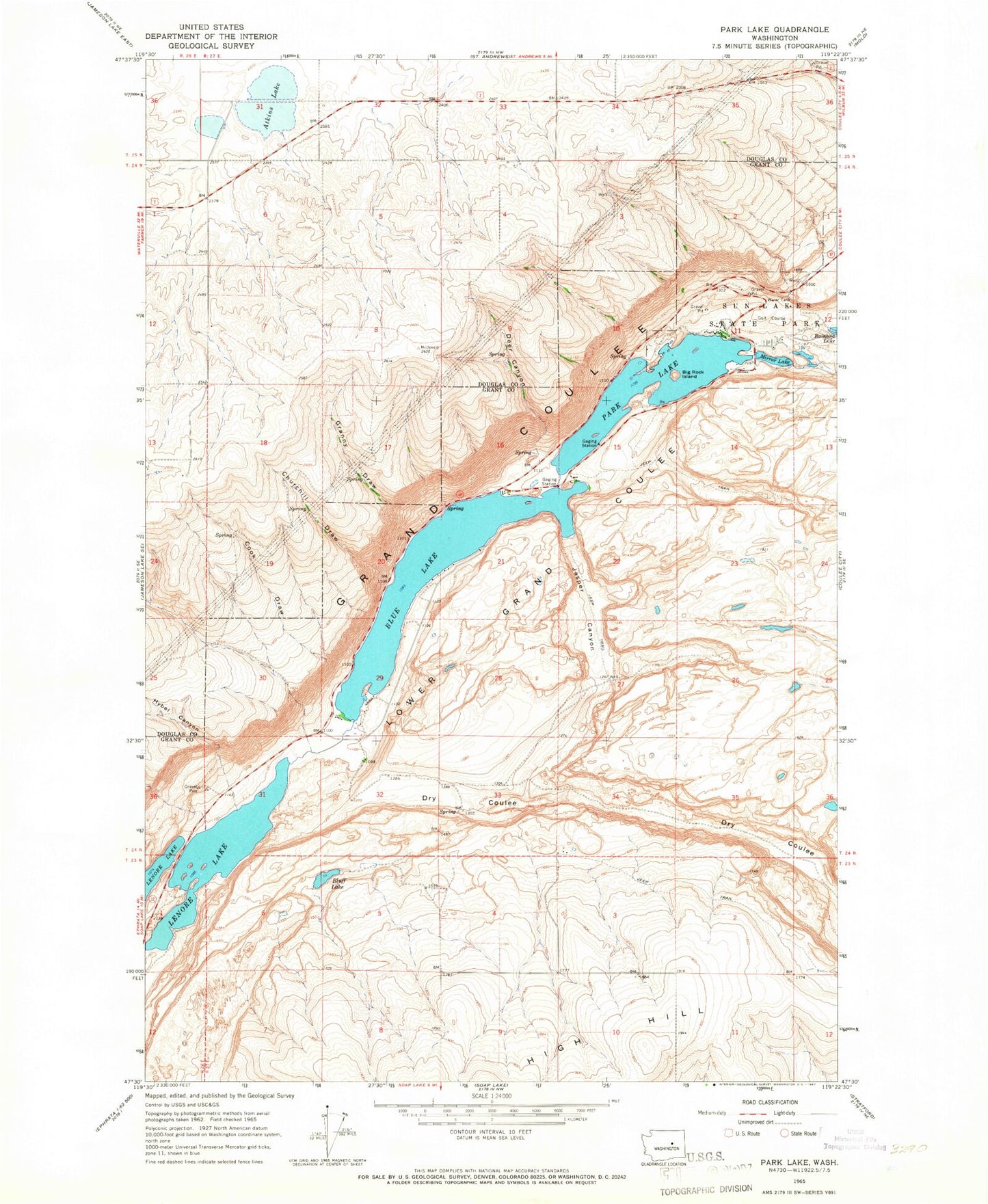 Classic USGS Park Lake Washington 7.5'x7.5' Topo Map Image