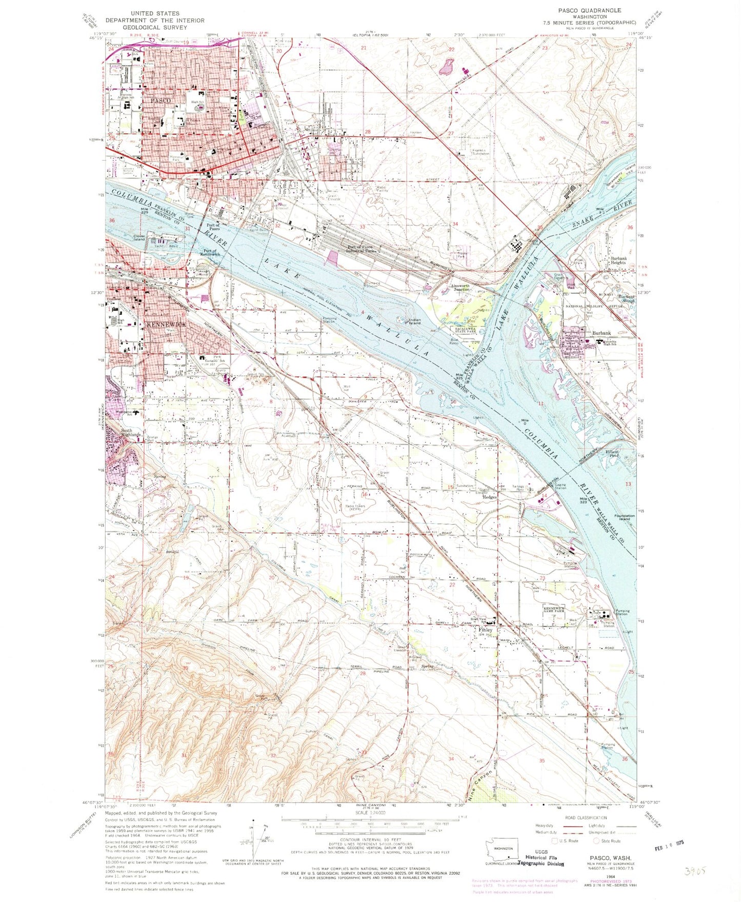 Classic USGS Pasco Washington 7.5'x7.5' Topo Map Image