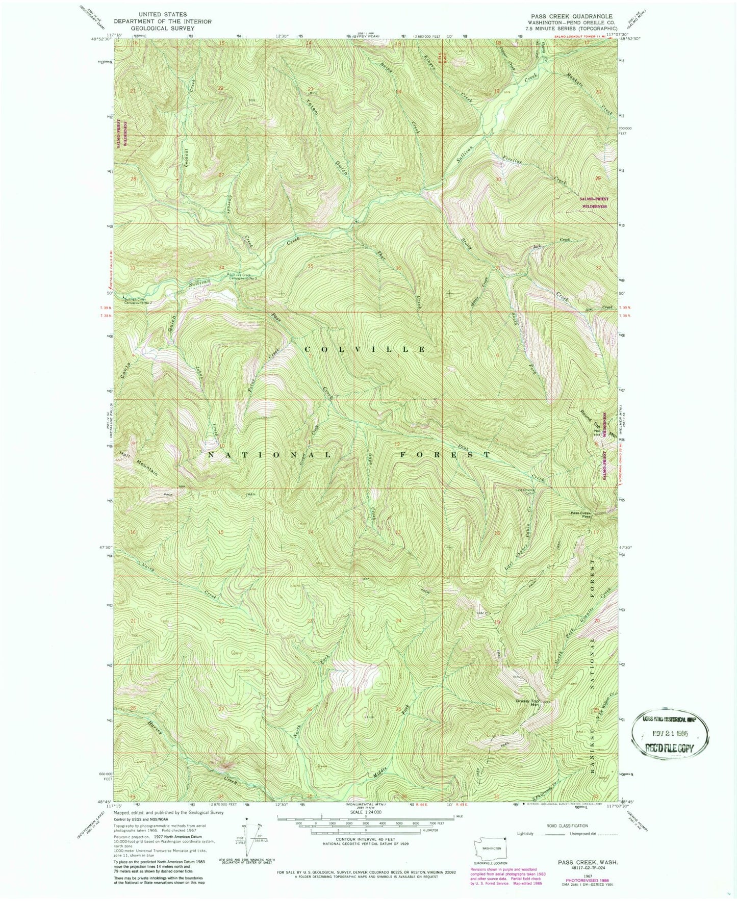 Classic USGS Pass Creek Washington 7.5'x7.5' Topo Map Image