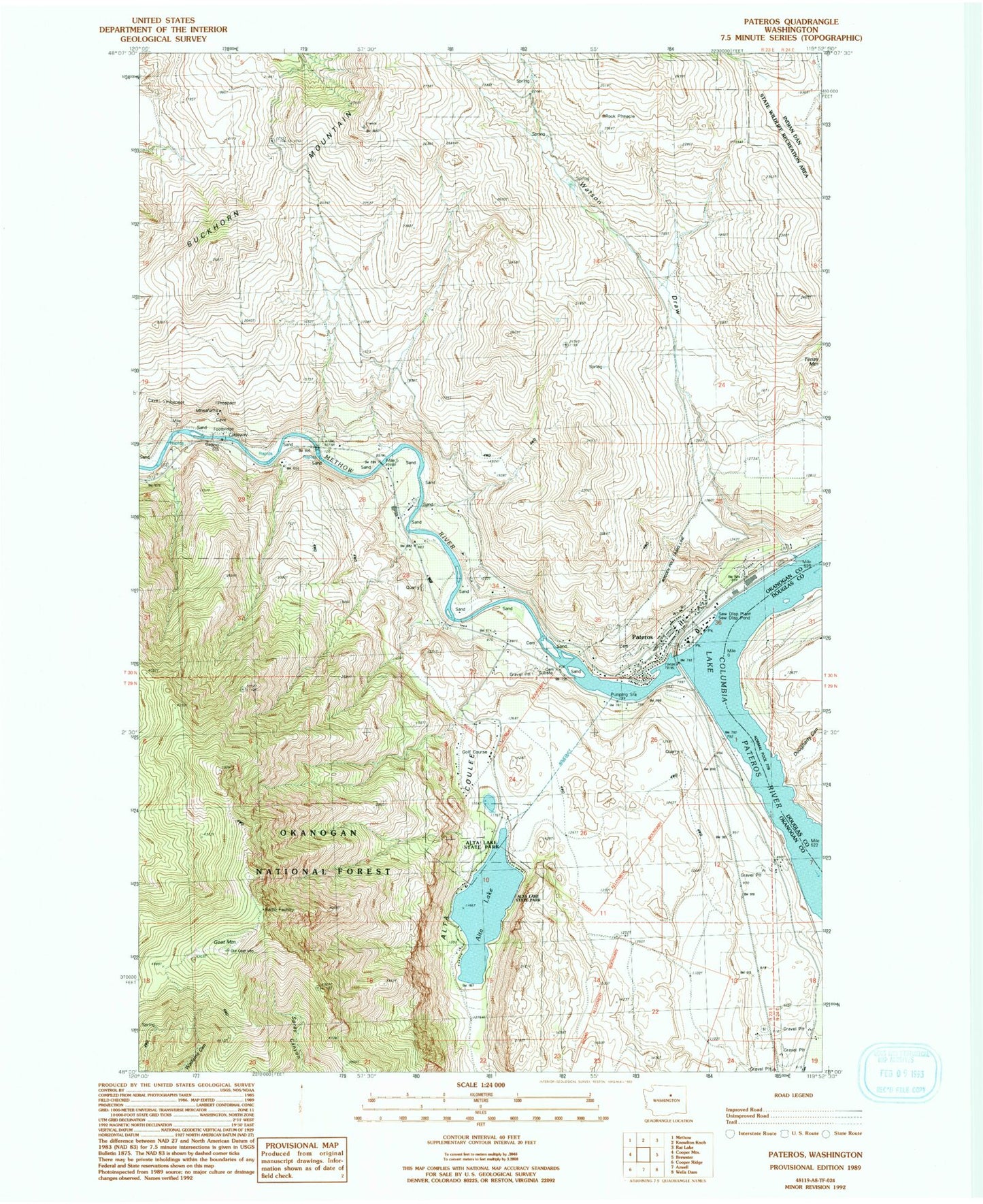 Classic USGS Pateros Washington 7.5'x7.5' Topo Map Image