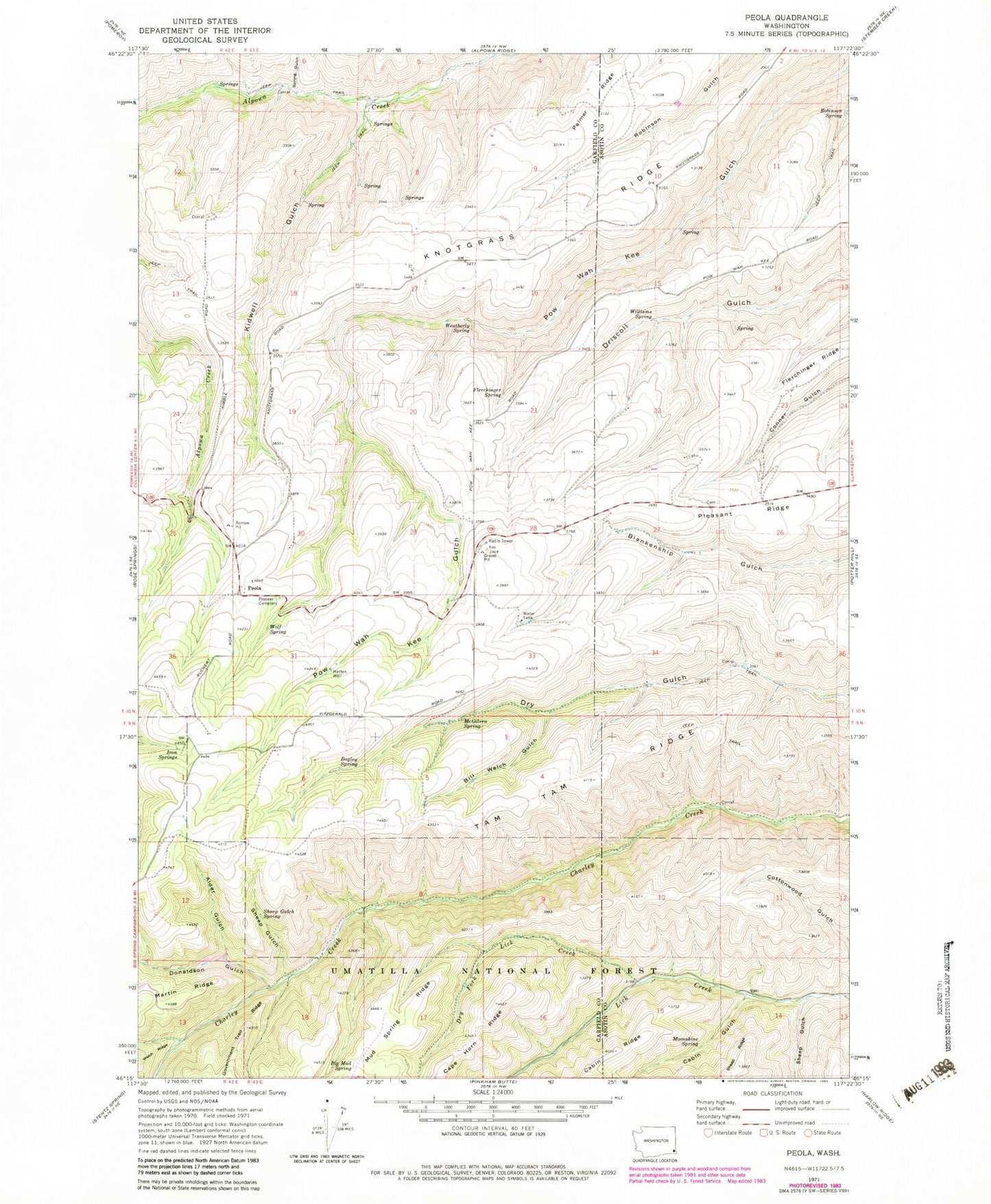 Classic USGS Peola Washington 7.5'x7.5' Topo Map Image