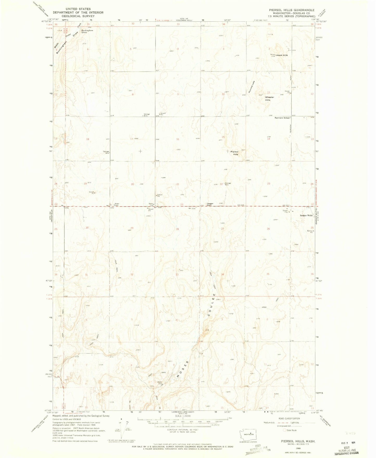 Classic USGS Piersol Hills Washington 7.5'x7.5' Topo Map Image