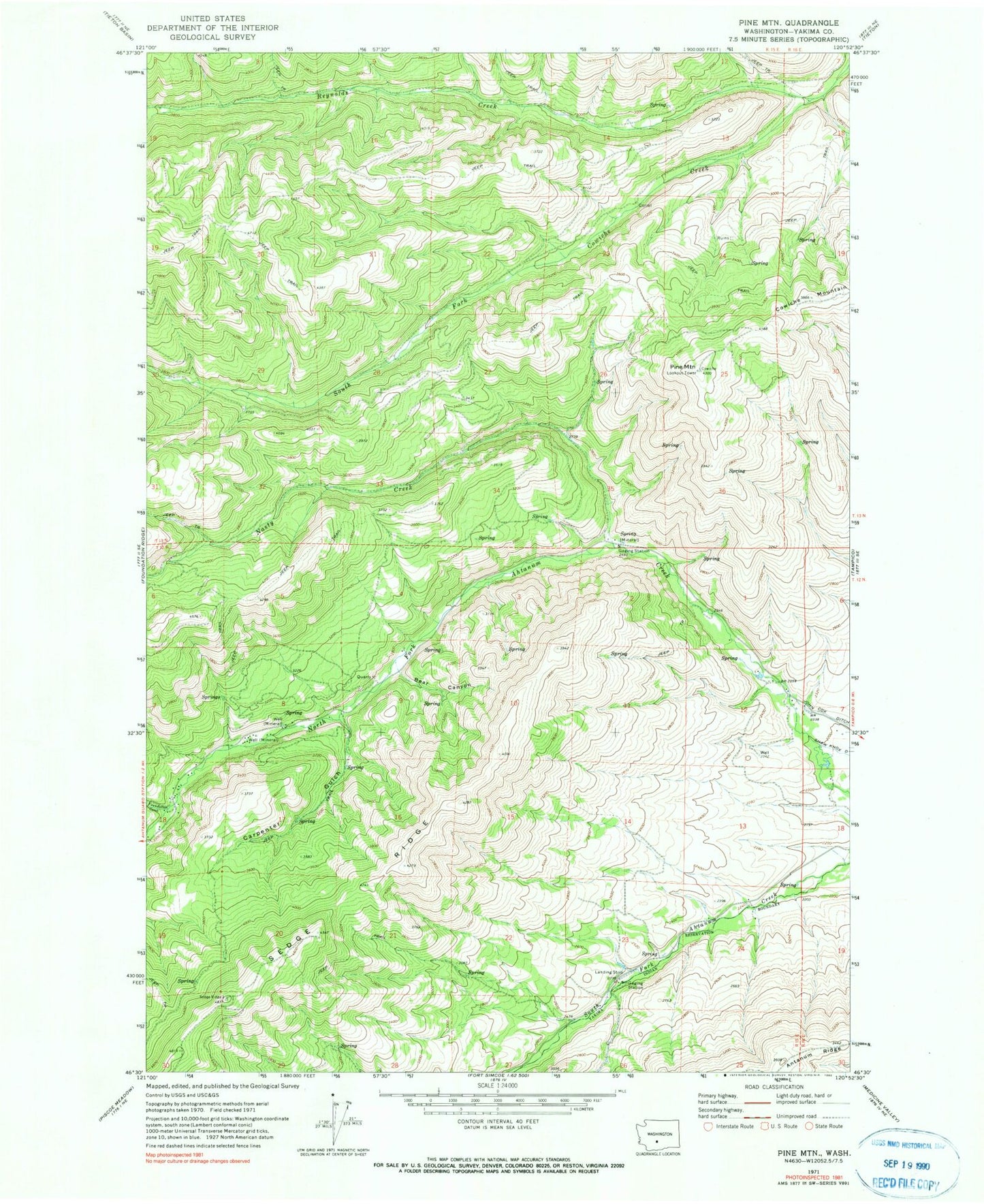 Classic USGS Pine Mountain Washington 7.5'x7.5' Topo Map Image