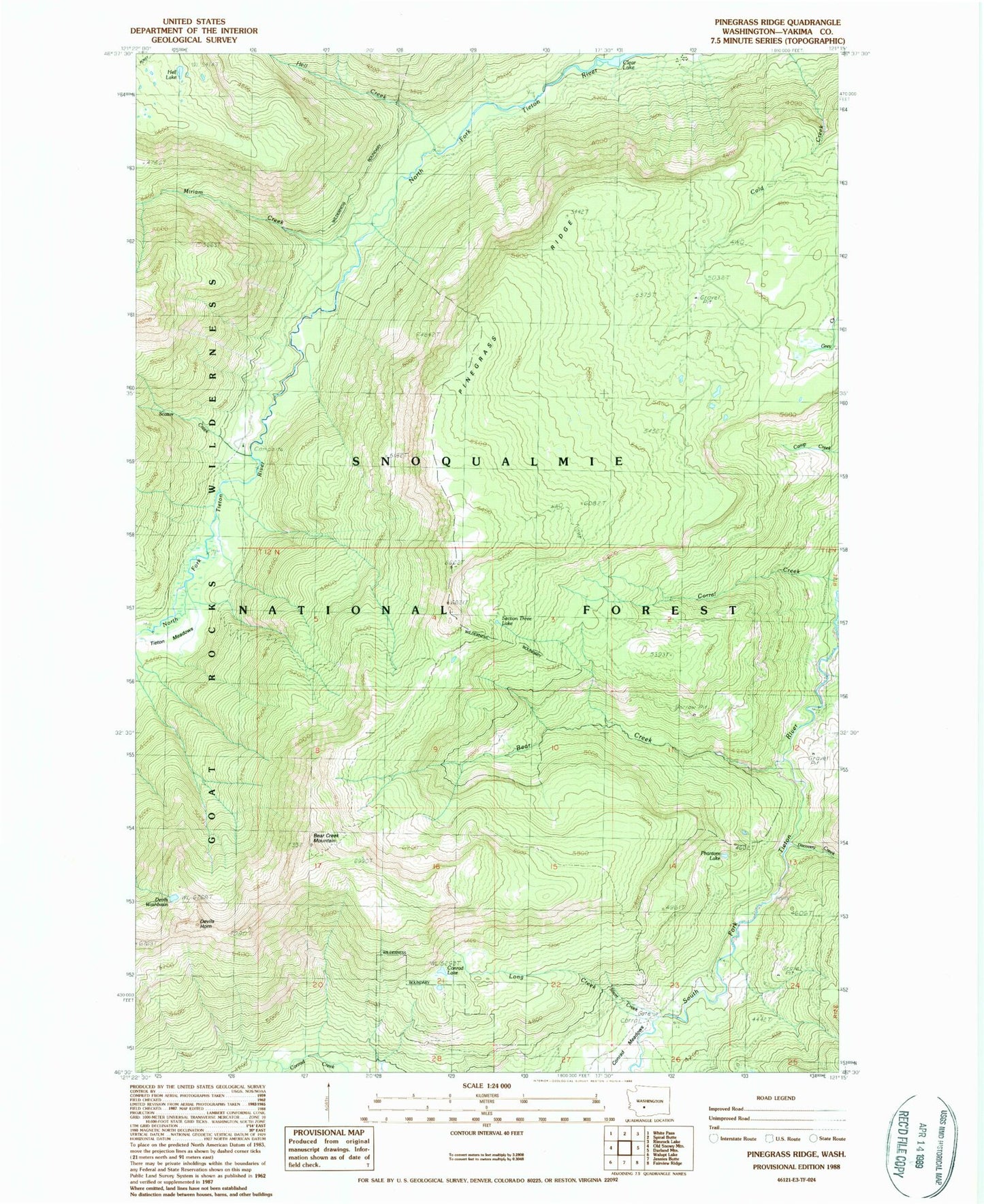 Classic USGS Pinegrass Ridge Washington 7.5'x7.5' Topo Map Image