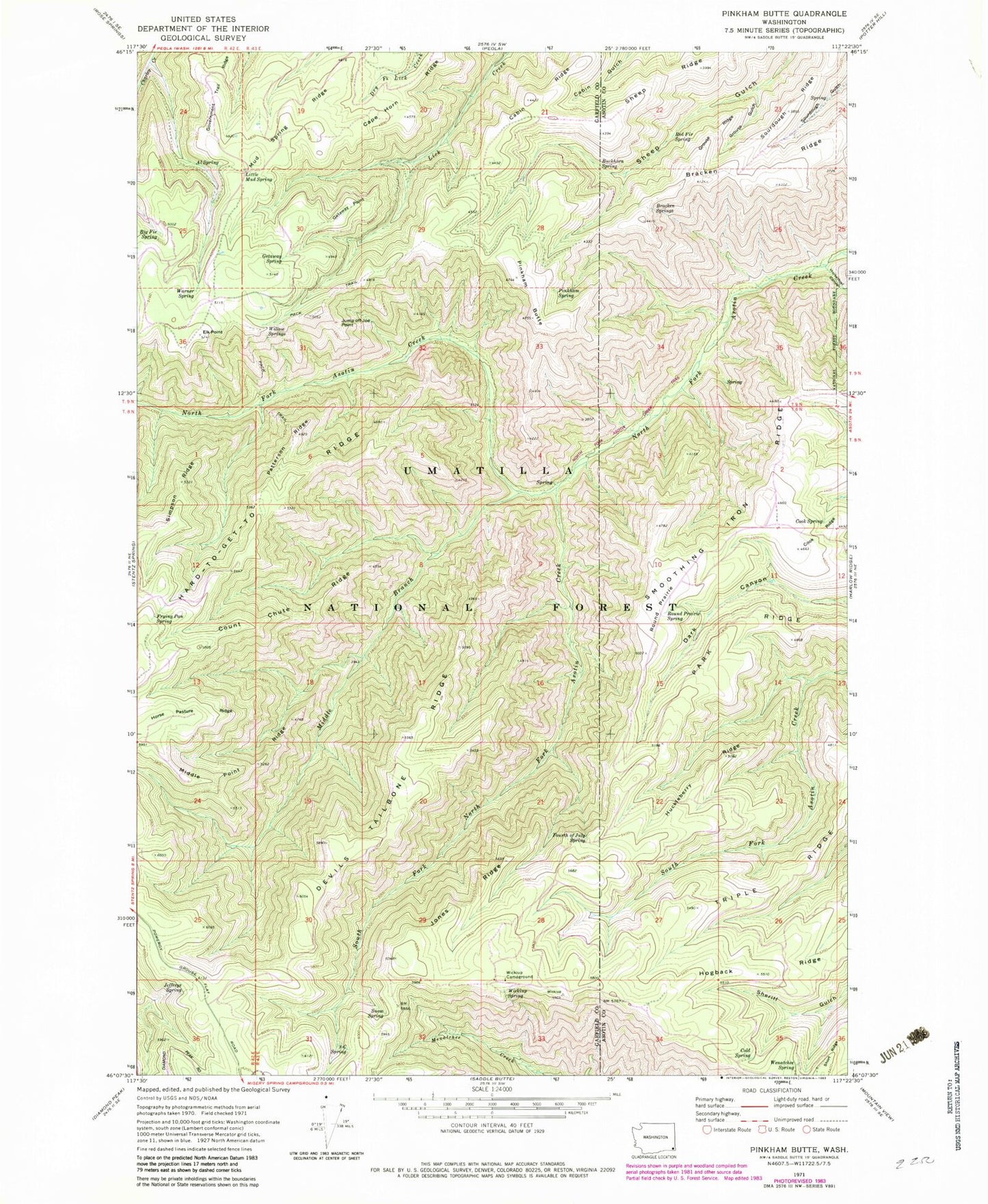 Classic USGS Pinkham Butte Washington 7.5'x7.5' Topo Map Image
