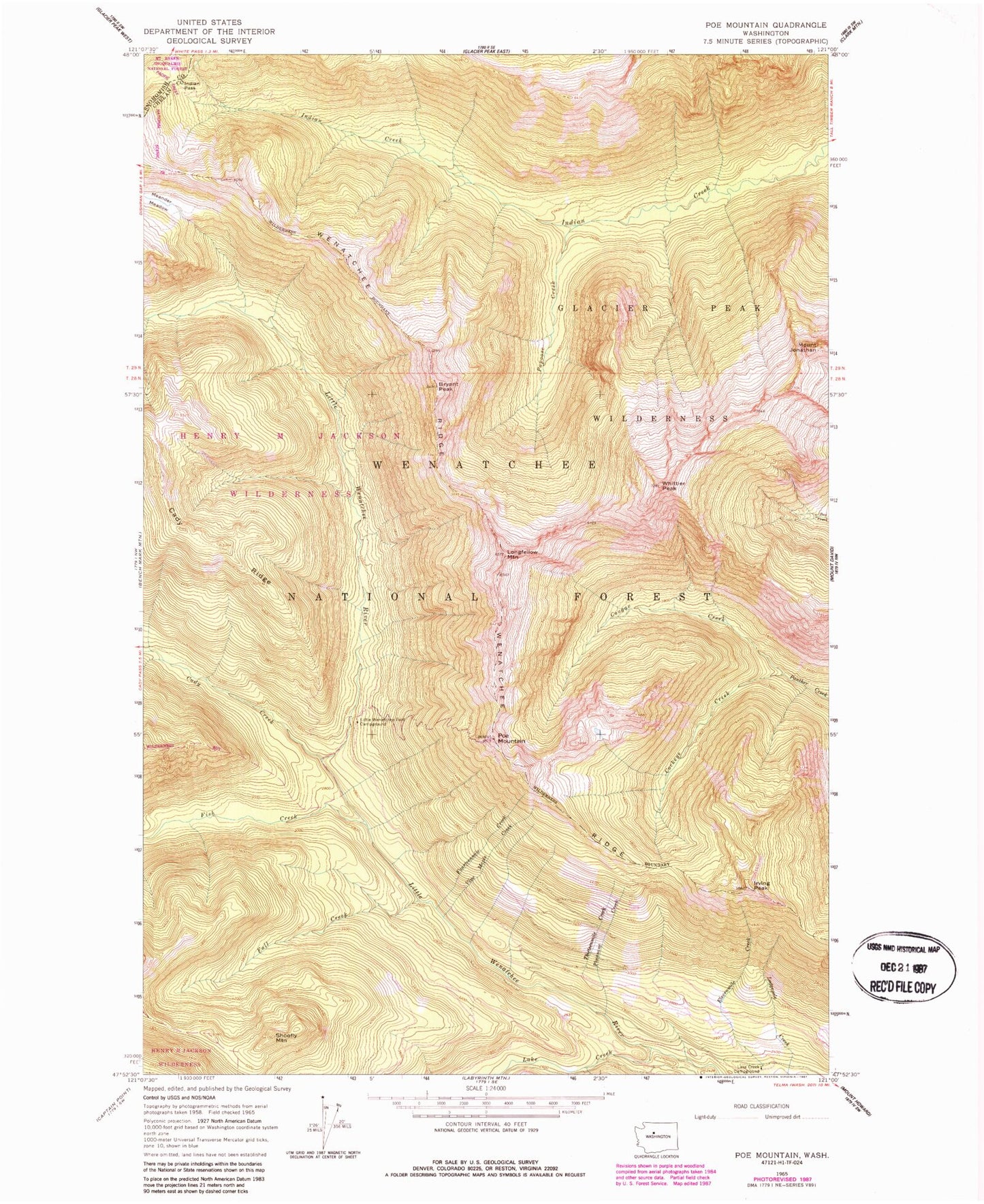 Classic USGS Poe Mountain Washington 7.5'x7.5' Topo Map Image