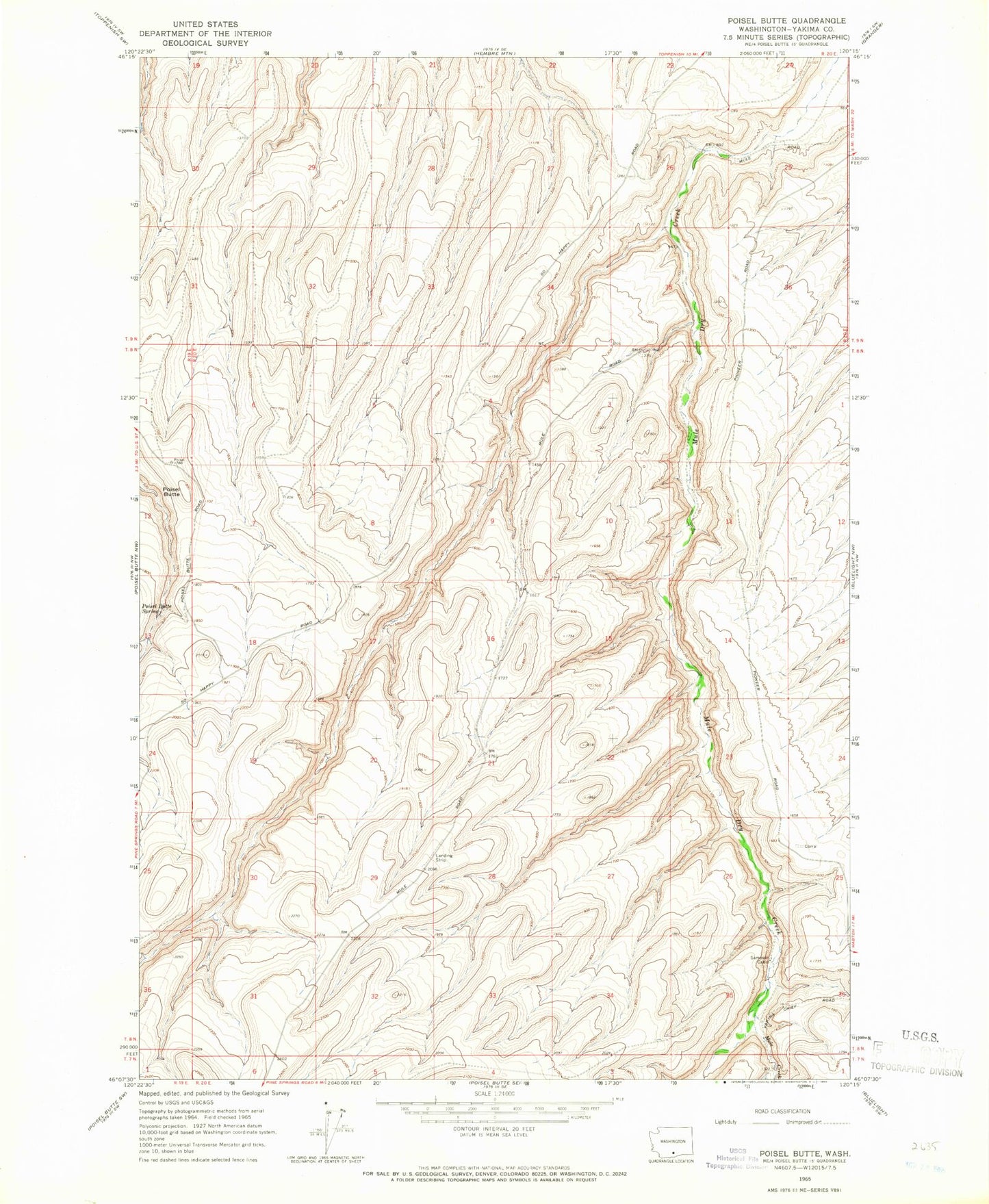 Classic USGS Poisel Butte Washington 7.5'x7.5' Topo Map Image