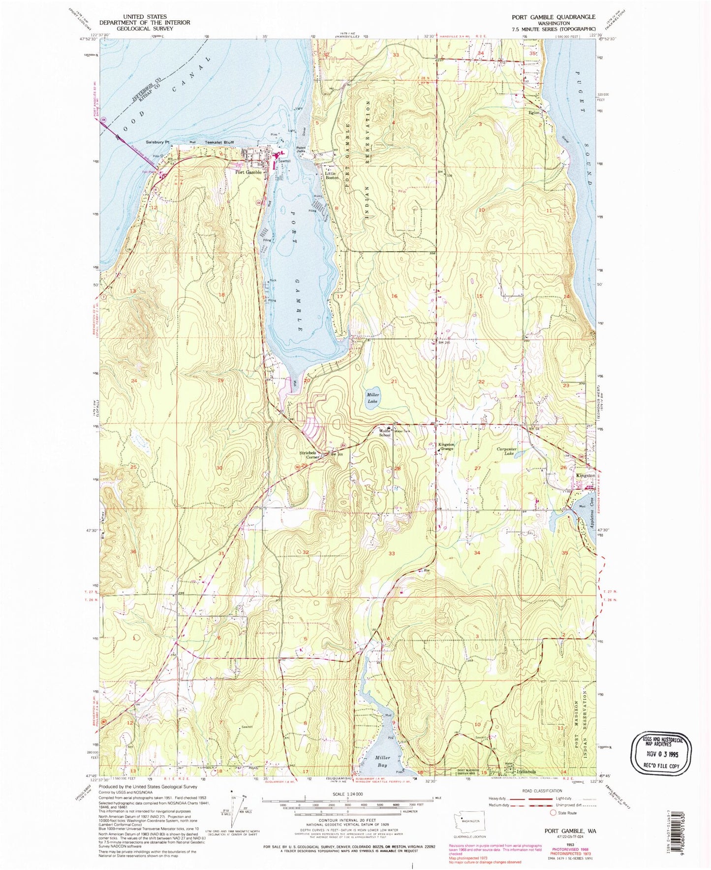 Classic USGS Port Gamble Washington 7.5'x7.5' Topo Map Image