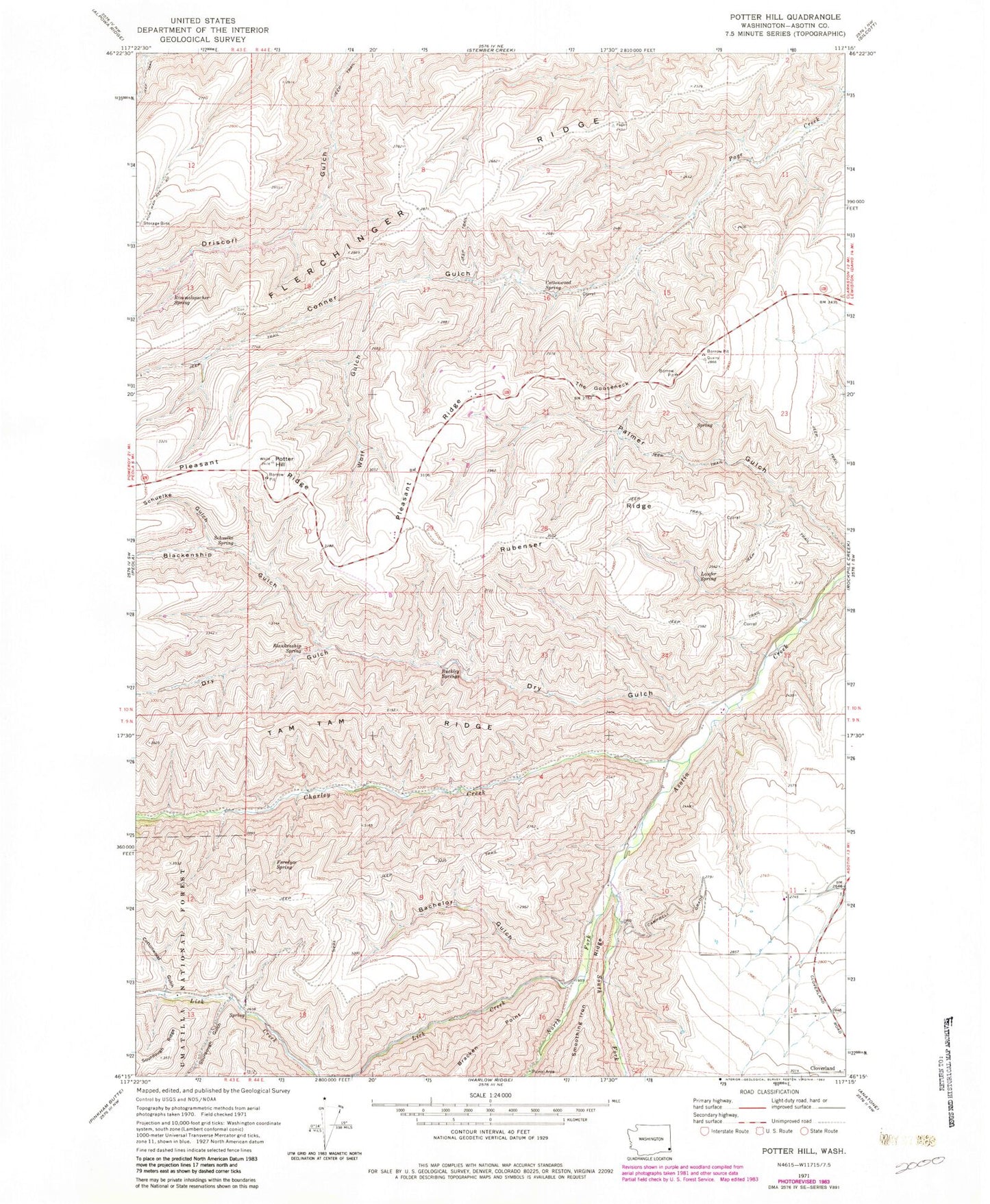 Classic USGS Potter Hill Washington 7.5'x7.5' Topo Map Image